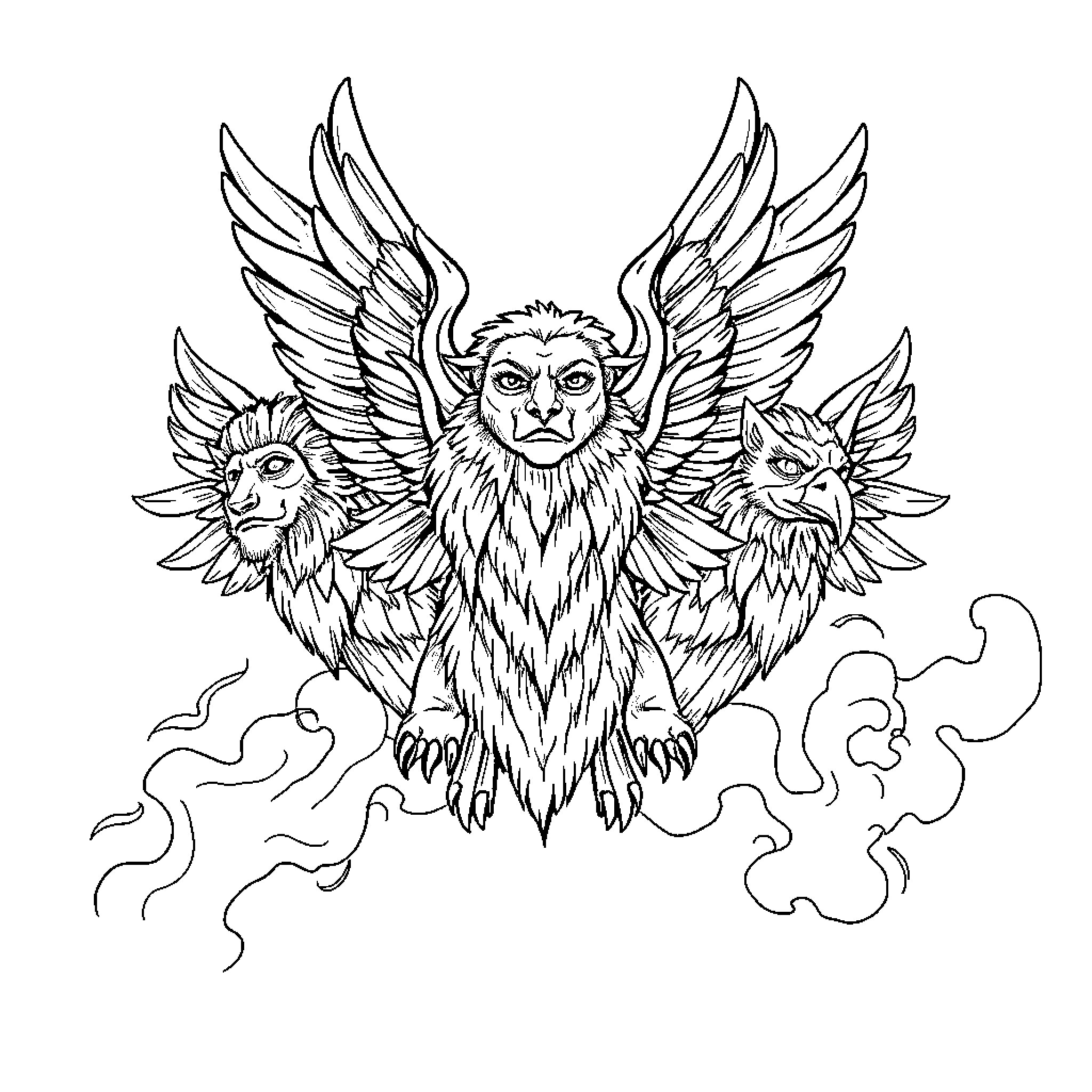 Cherubim with Majestic Wings and Fierce Expressions Coloring Page (free black-and-white line drawing printable PDF for all, from beginners to advanced learners, including children, teens, adults, and seniors)