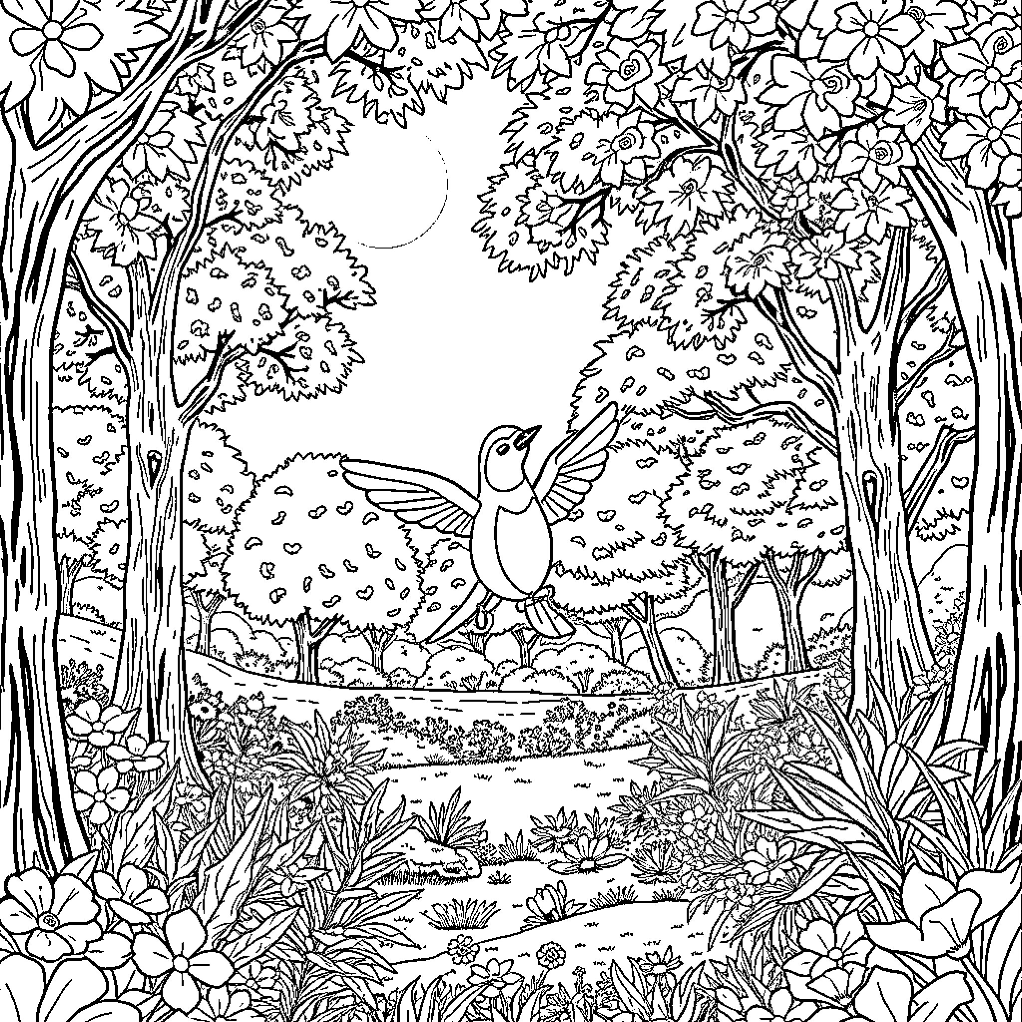 Bluey's Enchanted Forest Adventure Coloring Page (free black-and-white line drawing printable PDF for all, from beginners to advanced learners, including children, teens, adults, and seniors)