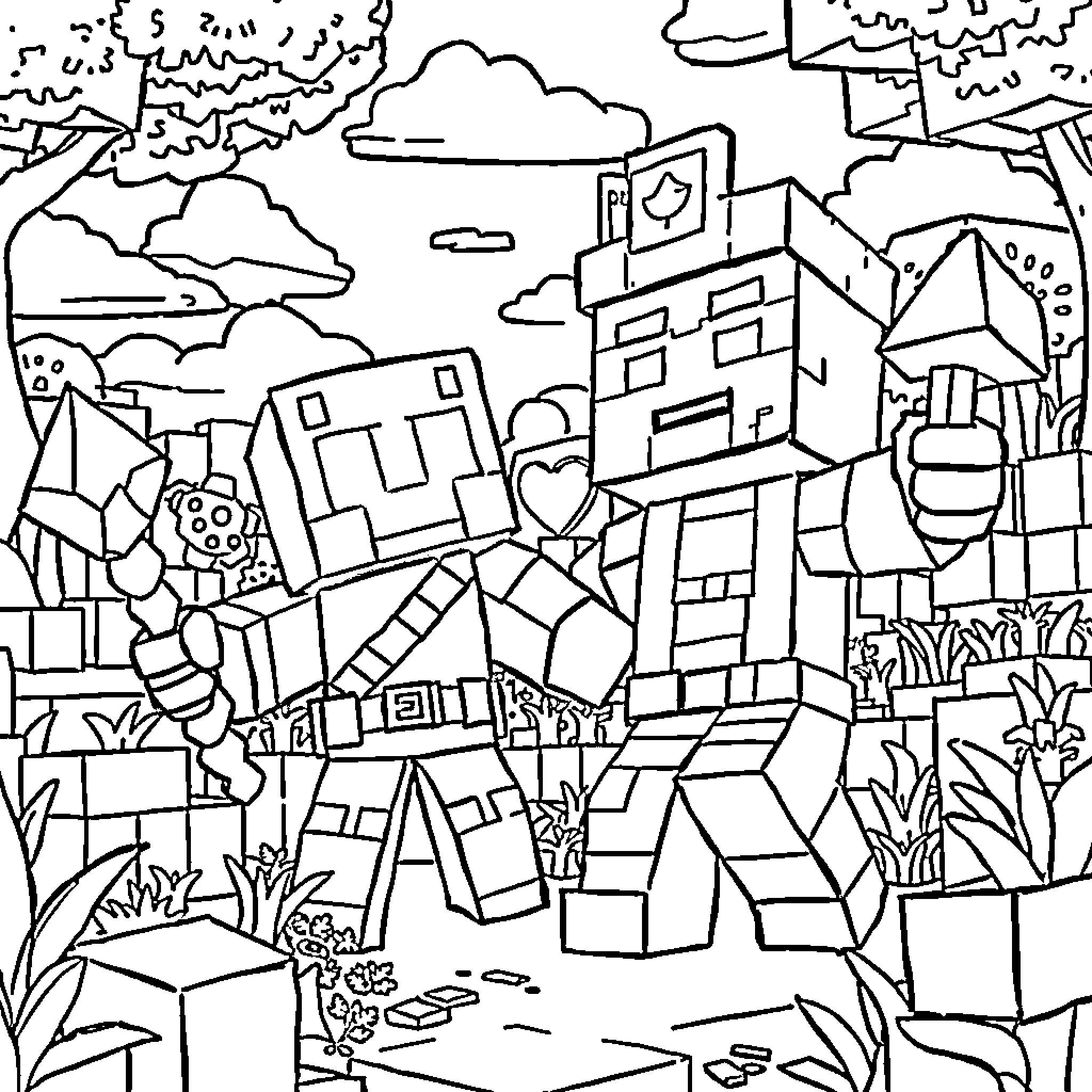 Phantump exploring a whimsical town Coloring Page (free black-and-white line drawing printable PDF for all, from beginners to advanced learners, including children, teens, adults, and seniors)