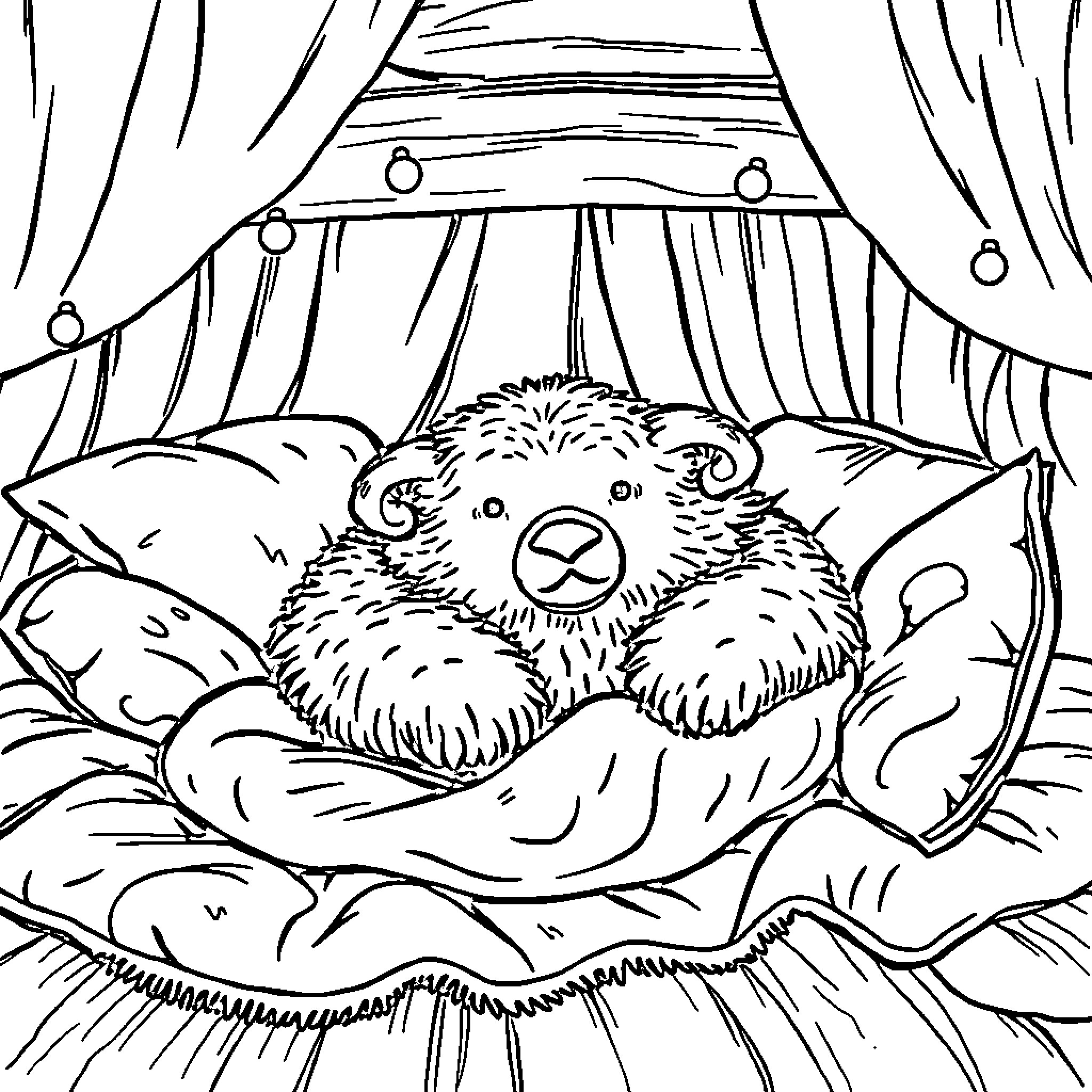 Sheck Otter Sleeping Comfortably on Curtained Bed Coloring Page (free black-and-white line drawing printable PDF for all, from beginners to advanced learners, including children, teens, adults, and seniors)