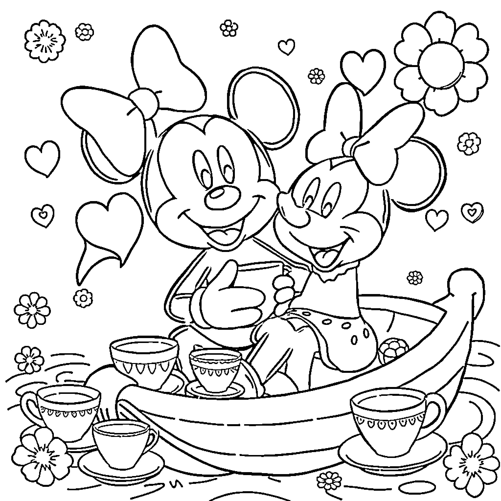 Mickey Mouse and Minnie Mouse Enjoying Tea Party Coloring Page (free black-and-white line drawing printable PDF for all, from beginners to advanced learners, including children, teens, adults, and seniors)