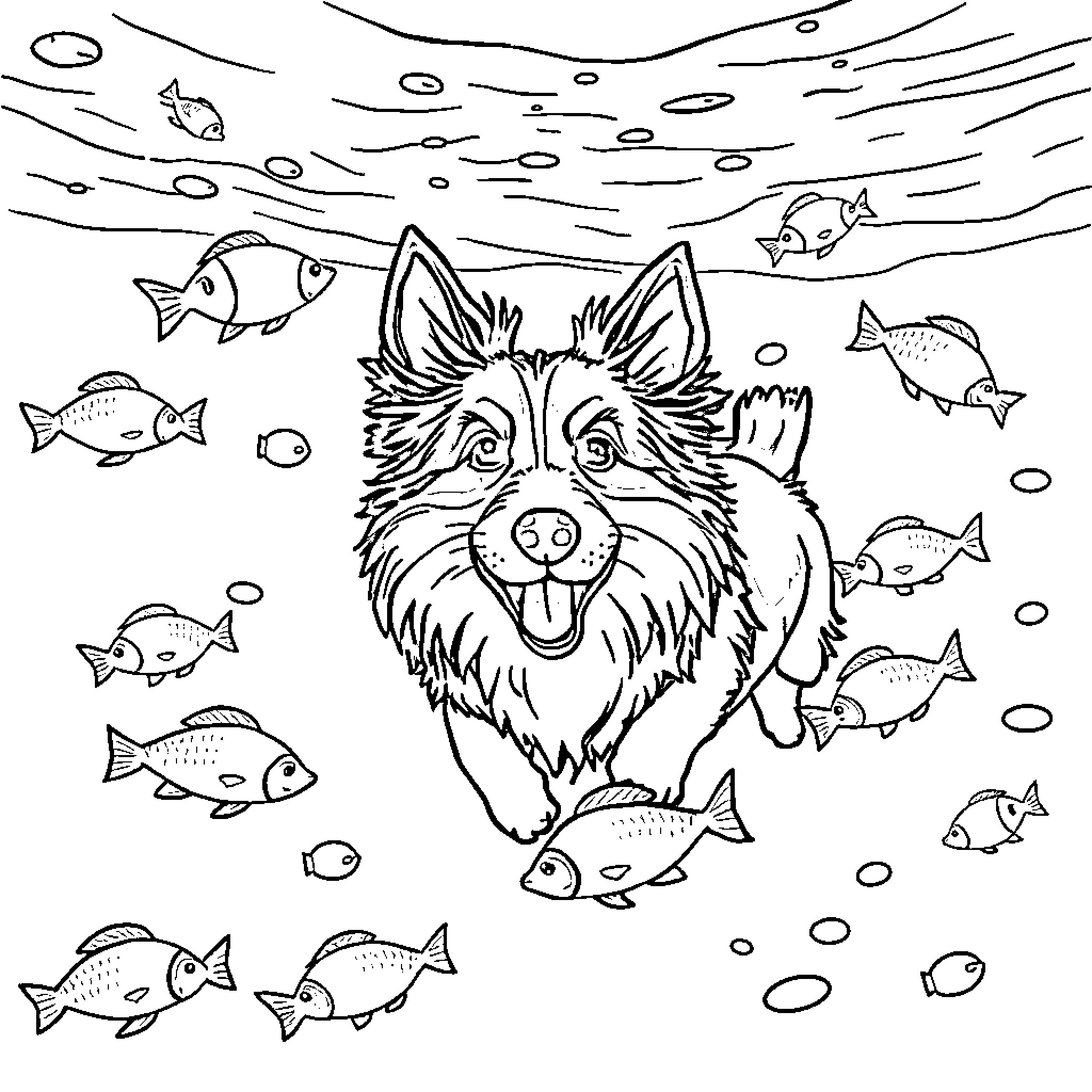 Shetland Sheepdog playing underwater with fish Coloring Page (free black-and-white line drawing printable PDF for all, from beginners to advanced learners, including children, teens, adults, and seniors)