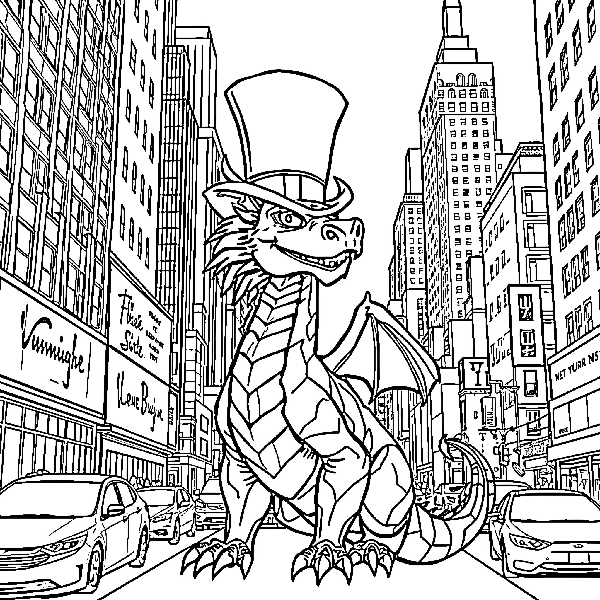 Dragon in Formal Attire Exploring the City Coloring Page (free black-and-white line drawing printable PDF for all, from beginners to advanced learners, including children, teens, adults, and seniors)