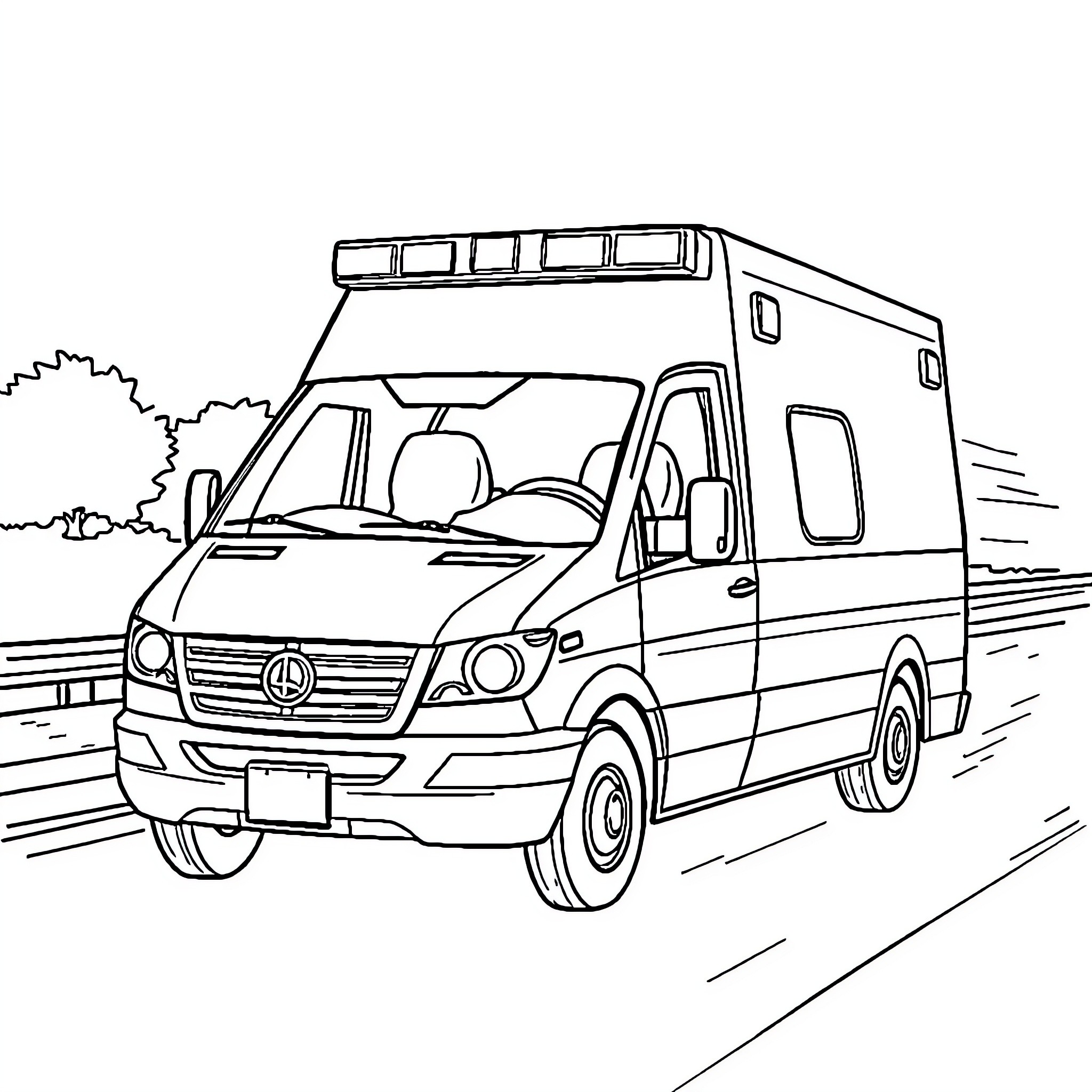 Ambulance responding to emergency on the road Coloring Page (free black-and-white line drawing printable PDF for all, from beginners to advanced learners, including children, teens, adults, and seniors)