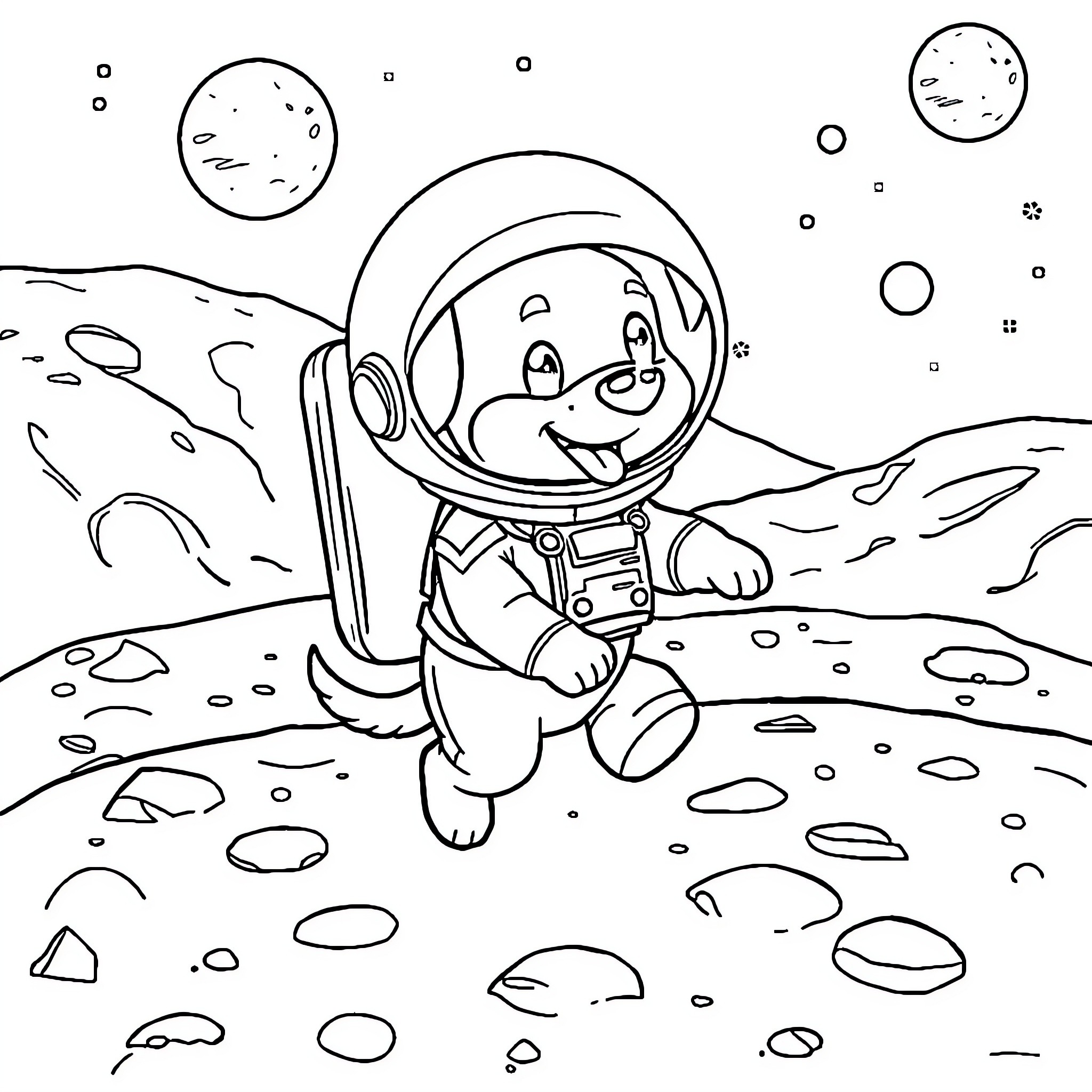 Astronaut Dog exploring the moon Coloring Page (free black-and-white line drawing printable PDF for all, from beginners to advanced learners, including children, teens, adults, and seniors)