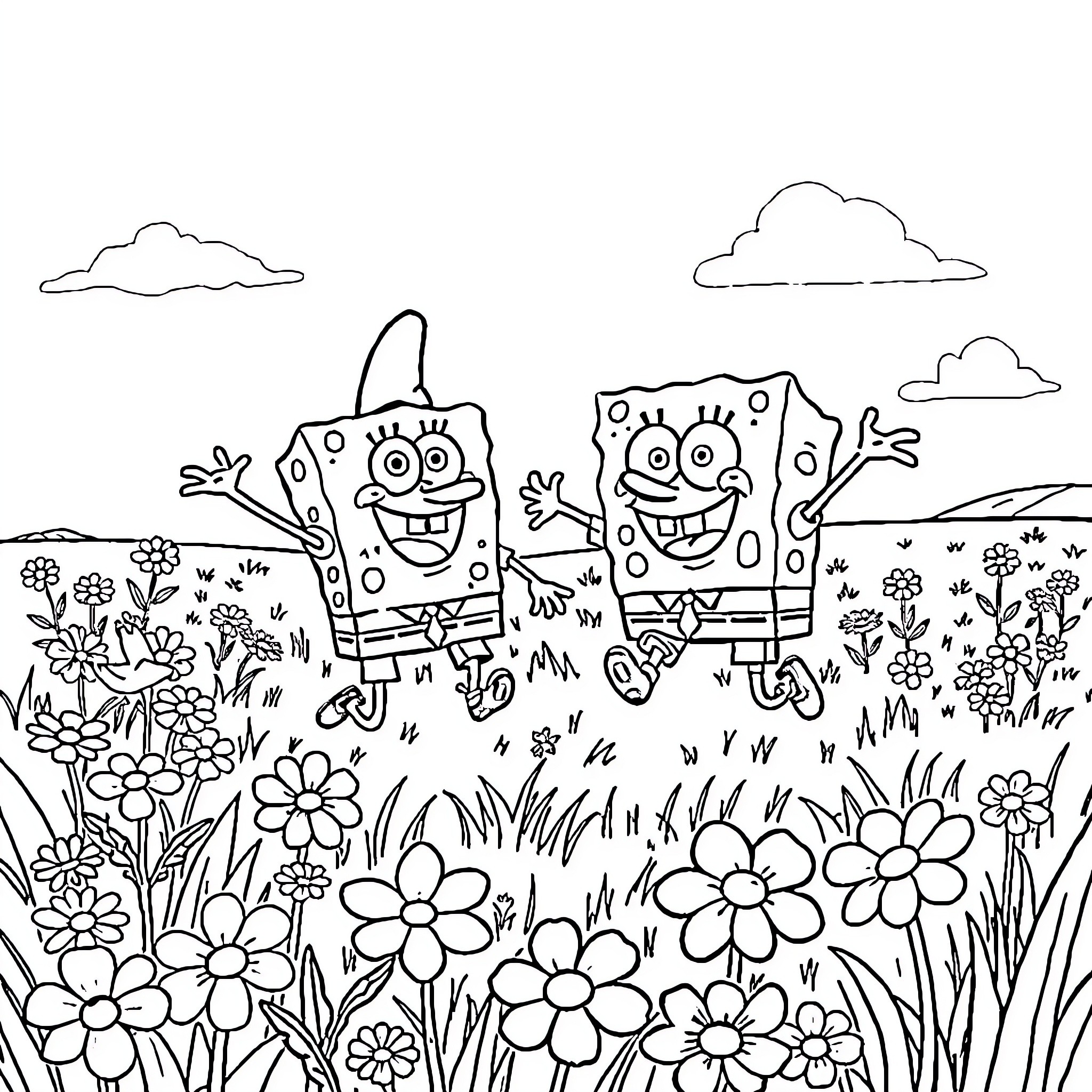 Spongebob and Patrick frolicking in a flowery meadow Coloring Page (free black-and-white line drawing printable PDF for all, from beginners to advanced learners, including children, teens, adults, and seniors)
