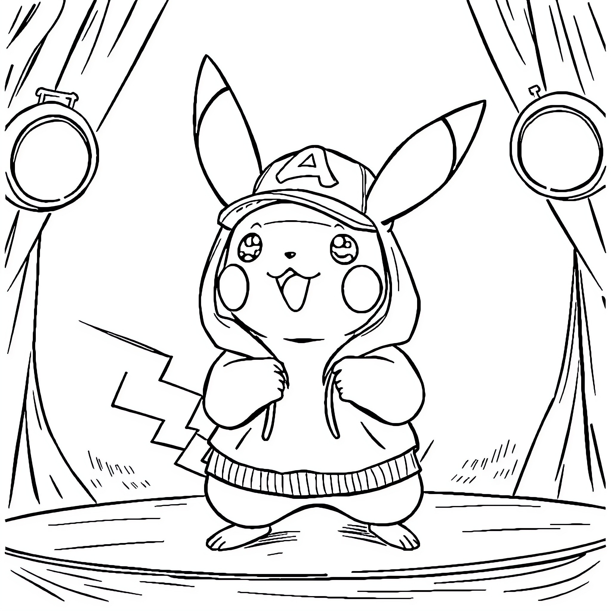 Pikachu as a firefighter cheering excitedly Coloring Page (free black-and-white line drawing printable PDF for all, from beginners to advanced learners, including children, teens, adults, and seniors)