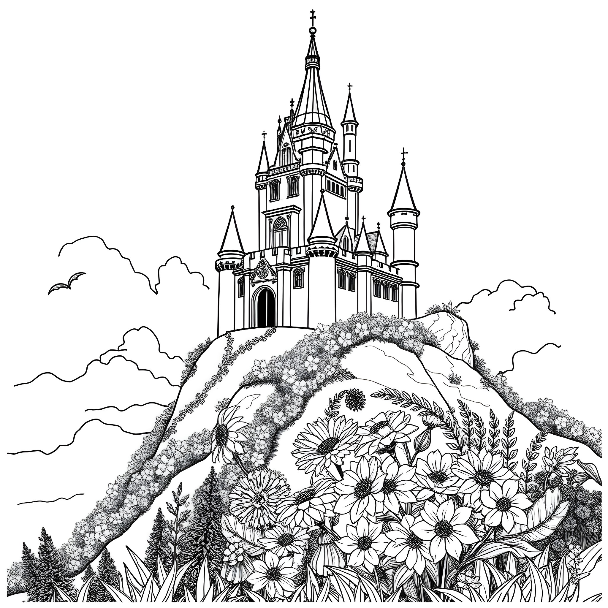 Castle on a Hilltop with Blooming Flowers Coloring Page (free black-and-white line drawing printable PDF for all, from beginners to advanced learners, including children, teens, adults, and seniors)