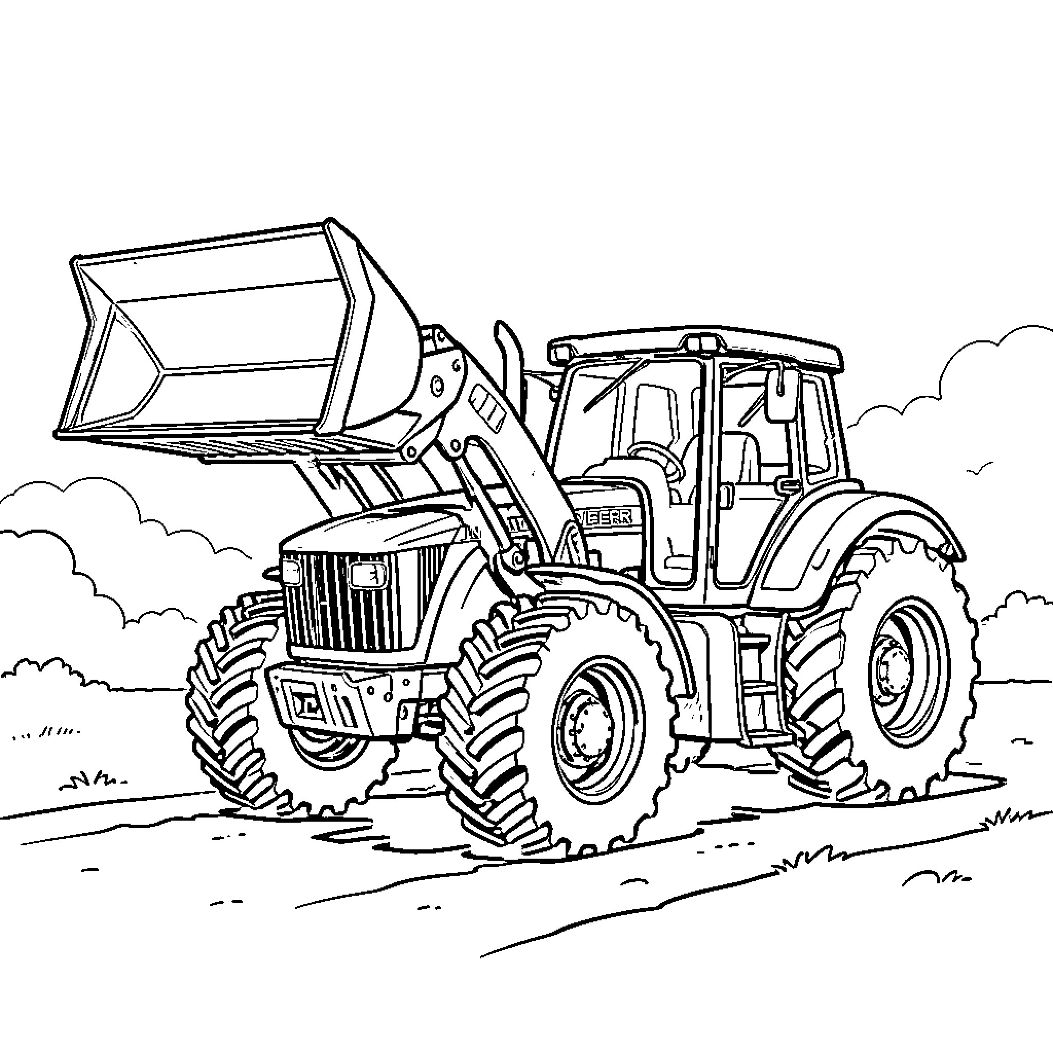 Tractor operating on a rural landscape Coloring Page (free black-and-white line drawing printable PDF for all, from beginners to advanced learners, including children, teens, adults, and seniors)