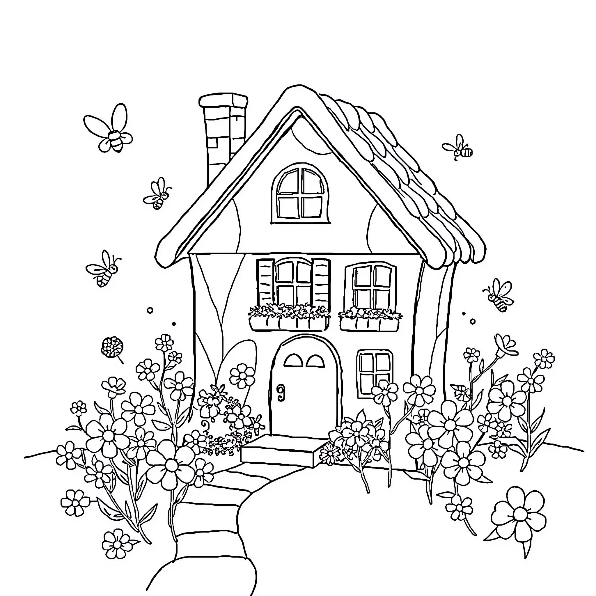 House with Flowers and Butterflies Coloring Page (free black-and-white line drawing printable PDF for all, from beginners to advanced learners, including children, teens, adults, and seniors)