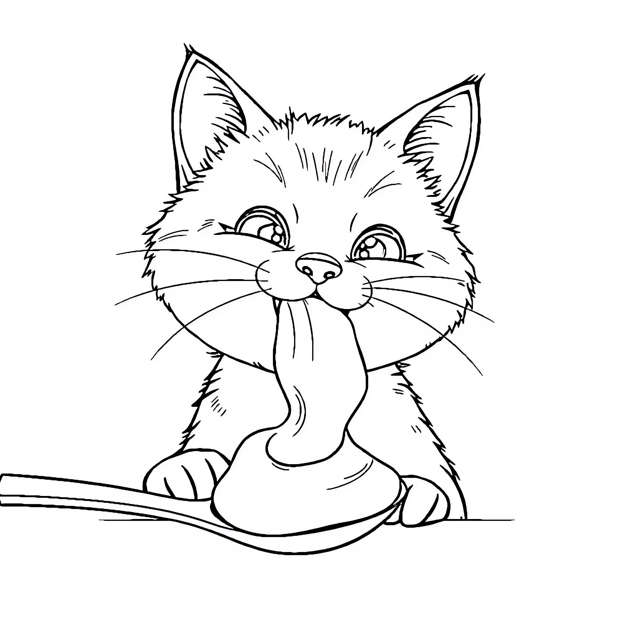 Cat with big eyes and open mouth Coloring Page (free black-and-white line drawing printable PDF for all, from beginners to advanced learners, including children, teens, adults, and seniors)