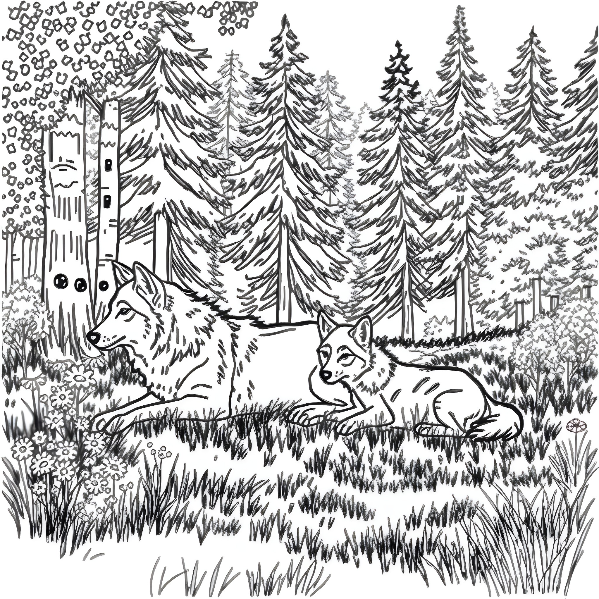 Wolf pack in the snowy forest Coloring Page (free black-and-white line drawing printable PDF for all, from beginners to advanced learners, including children, teens, adults, and seniors)