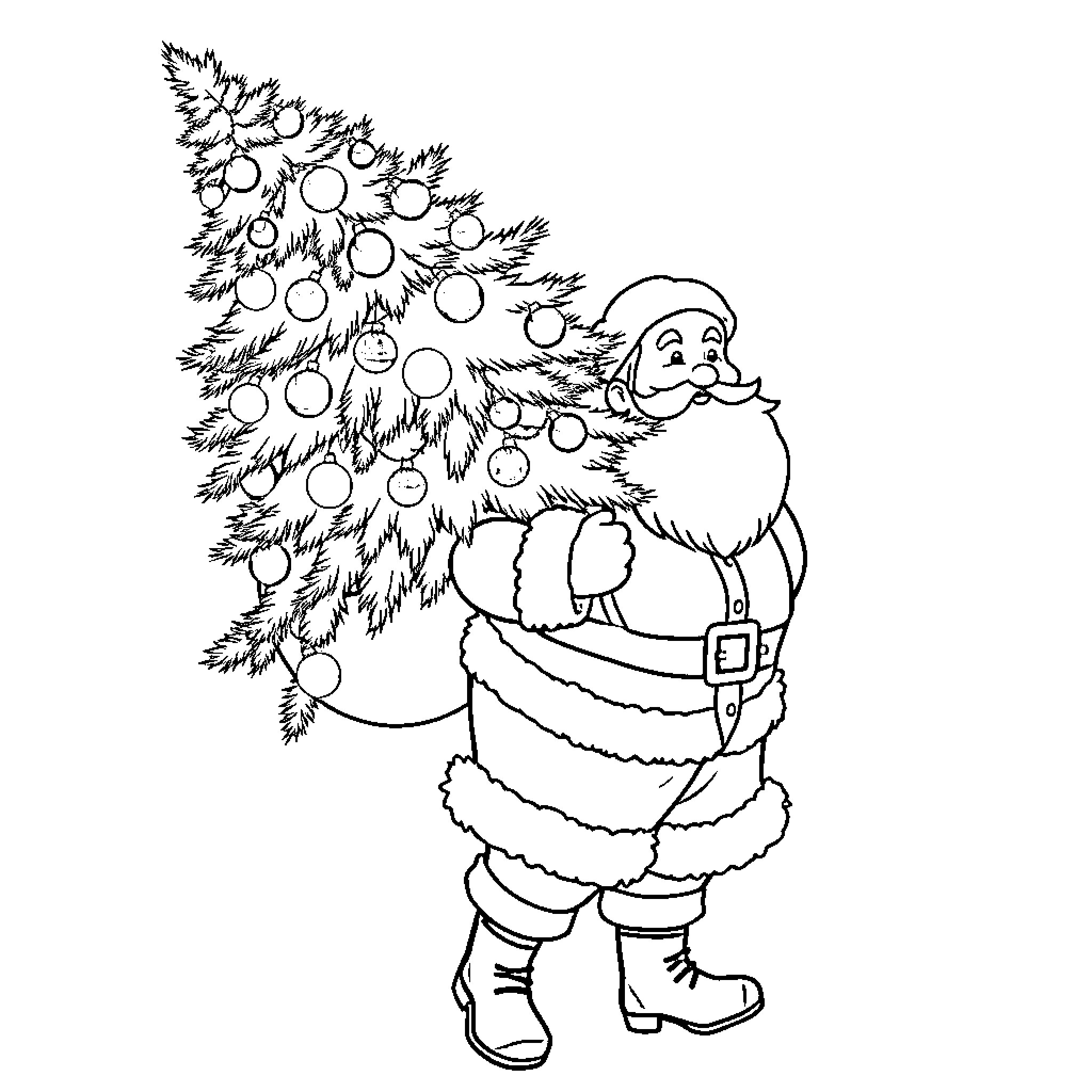 Santa decorating a festive Christmas tree Coloring Page (free black-and-white line drawing printable PDF for all, from beginners to advanced learners, including children, teens, adults, and seniors)
