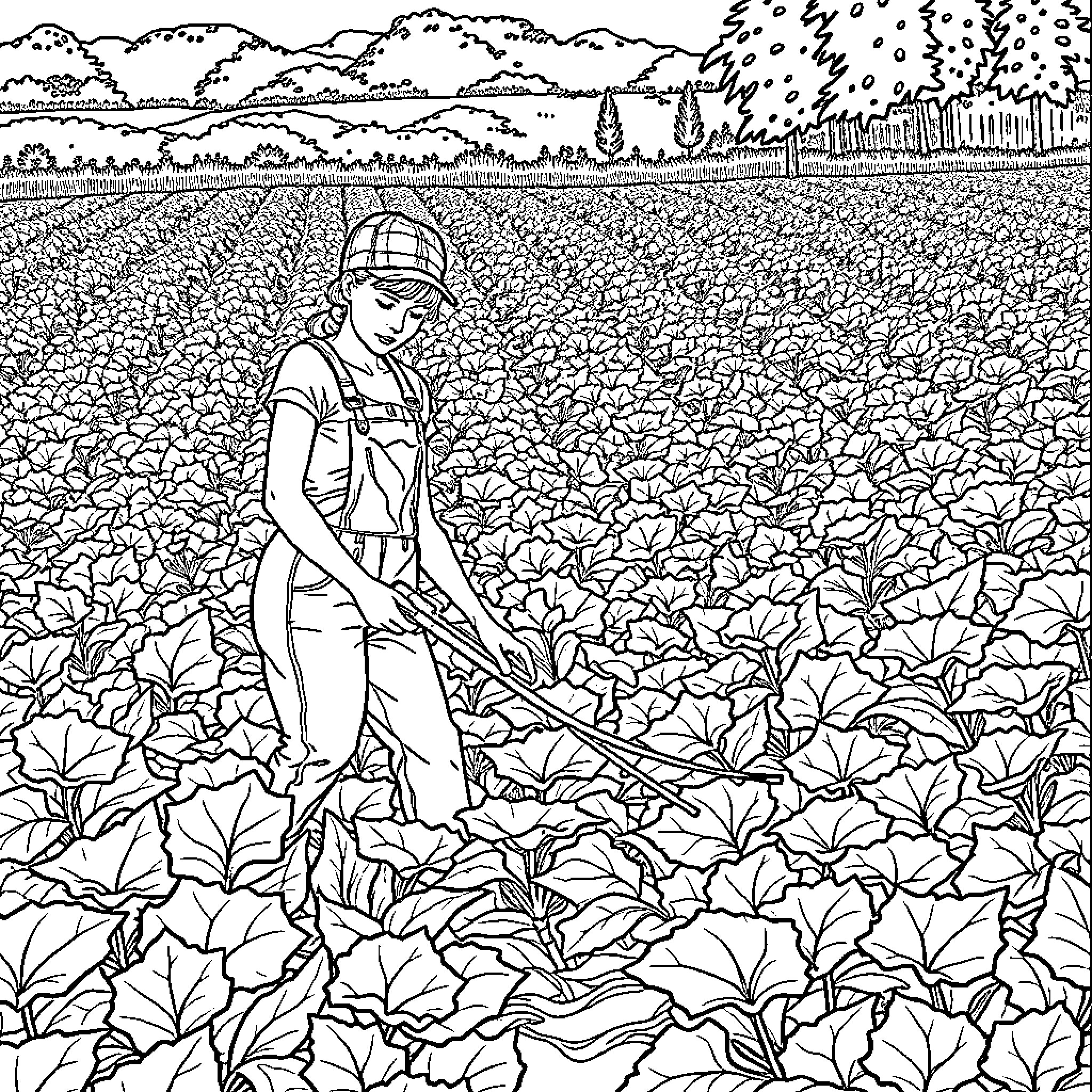 Woman working in a vegetable field Coloring Page (free black-and-white line drawing printable PDF for all, from beginners to advanced learners, including children, teens, adults, and seniors)