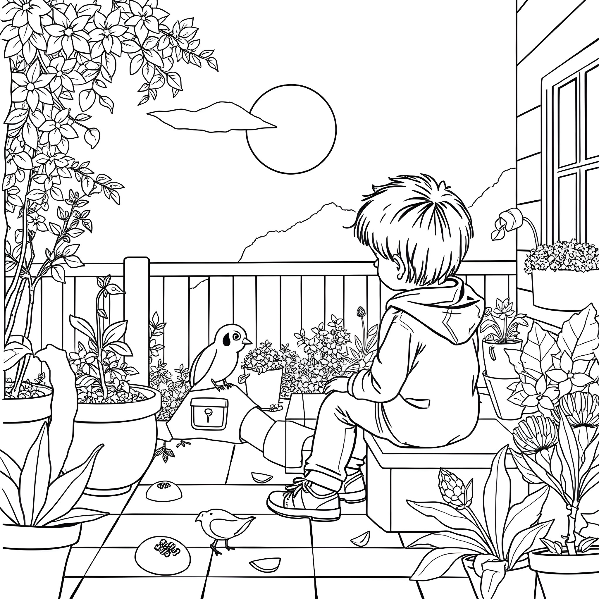 Child looking out from the balcony with a bird Coloring Page (free black-and-white line drawing printable PDF for all, from beginners to advanced learners, including children, teens, adults, and seniors)