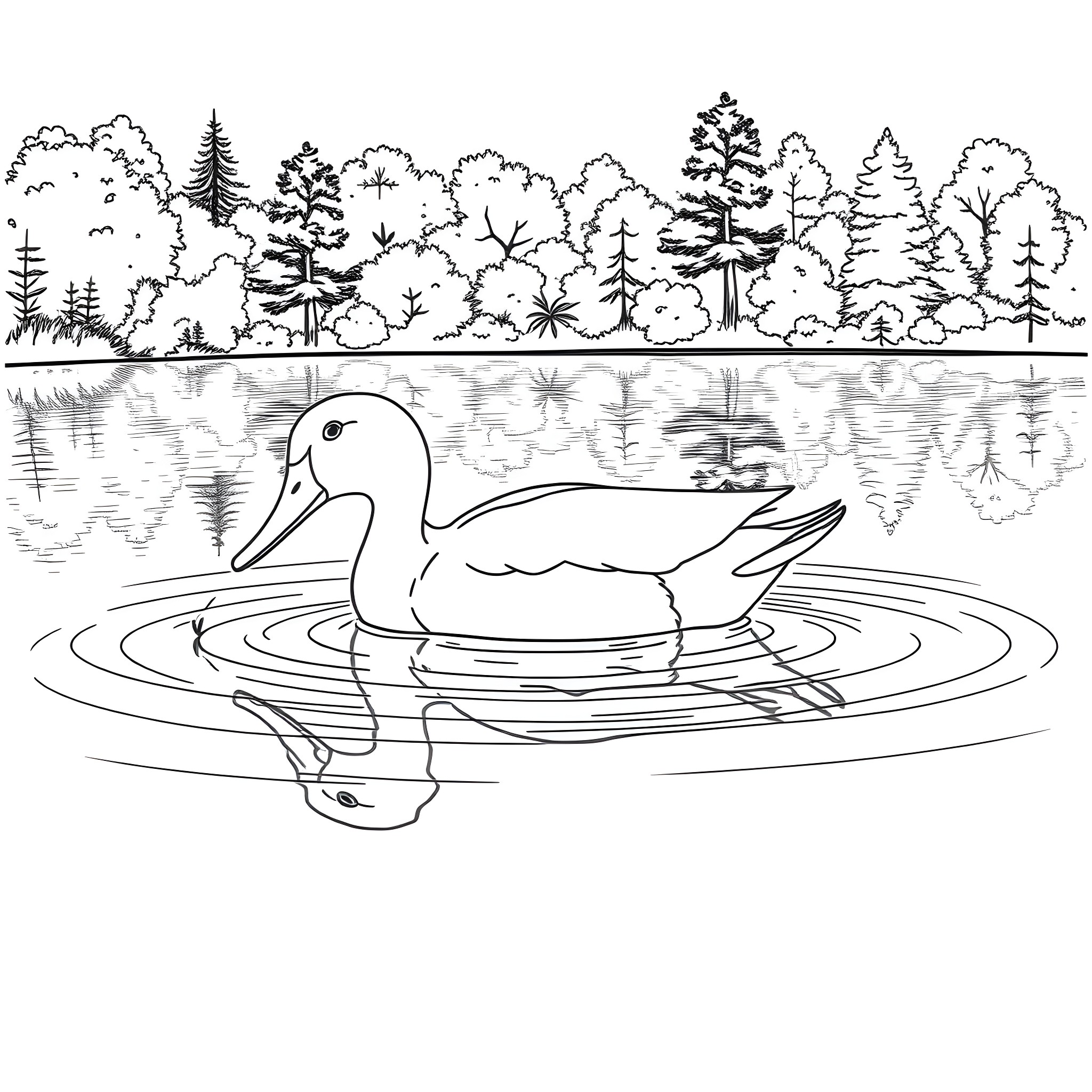 Duck swimming peacefully in the forest pond Coloring Page (free black-and-white line drawing printable PDF for all, from beginners to advanced learners, including children, teens, adults, and seniors)