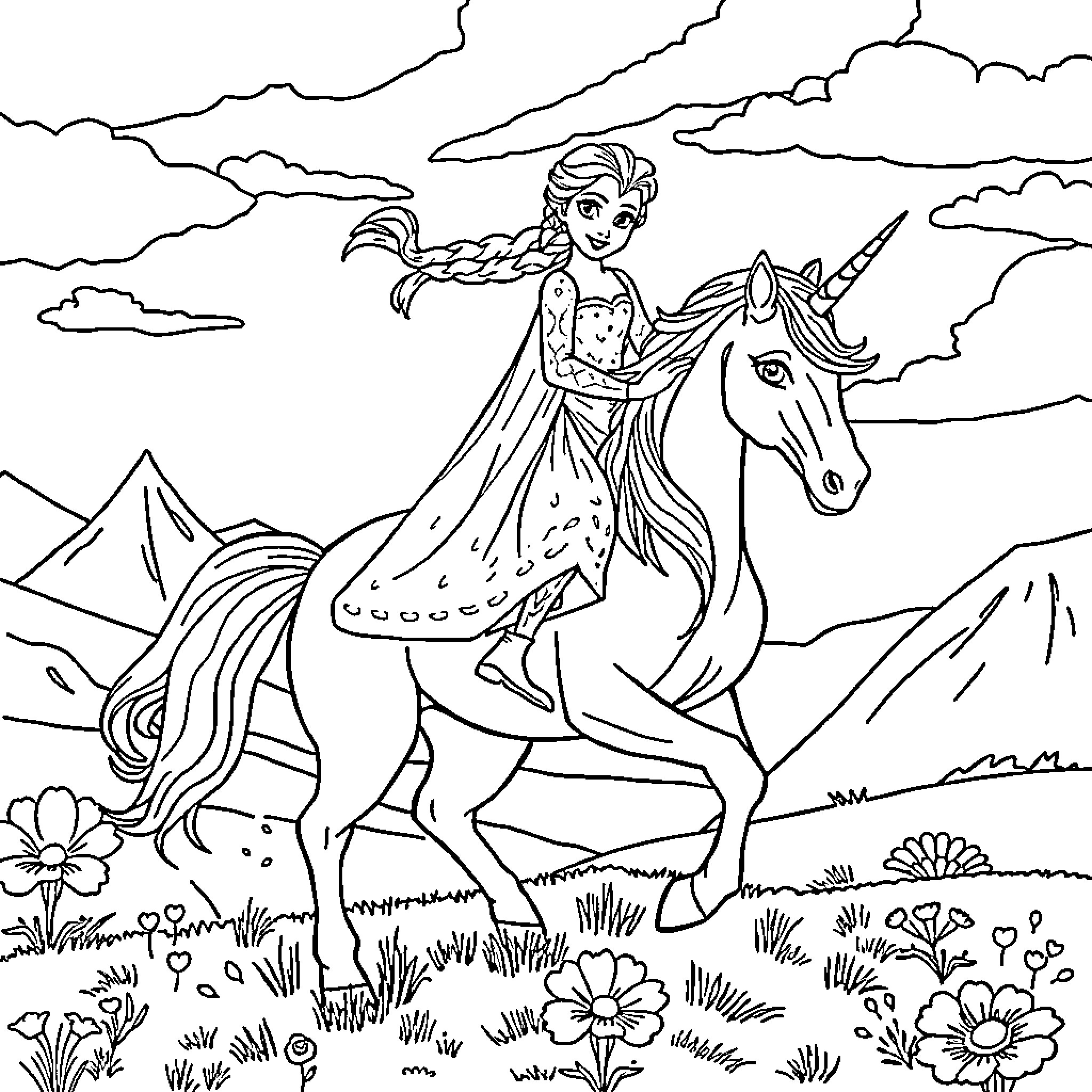 Elsa riding a unicorn through a magical landscape Coloring Page (free black-and-white line drawing printable PDF for all, from beginners to advanced learners, including children, teens, adults, and seniors)