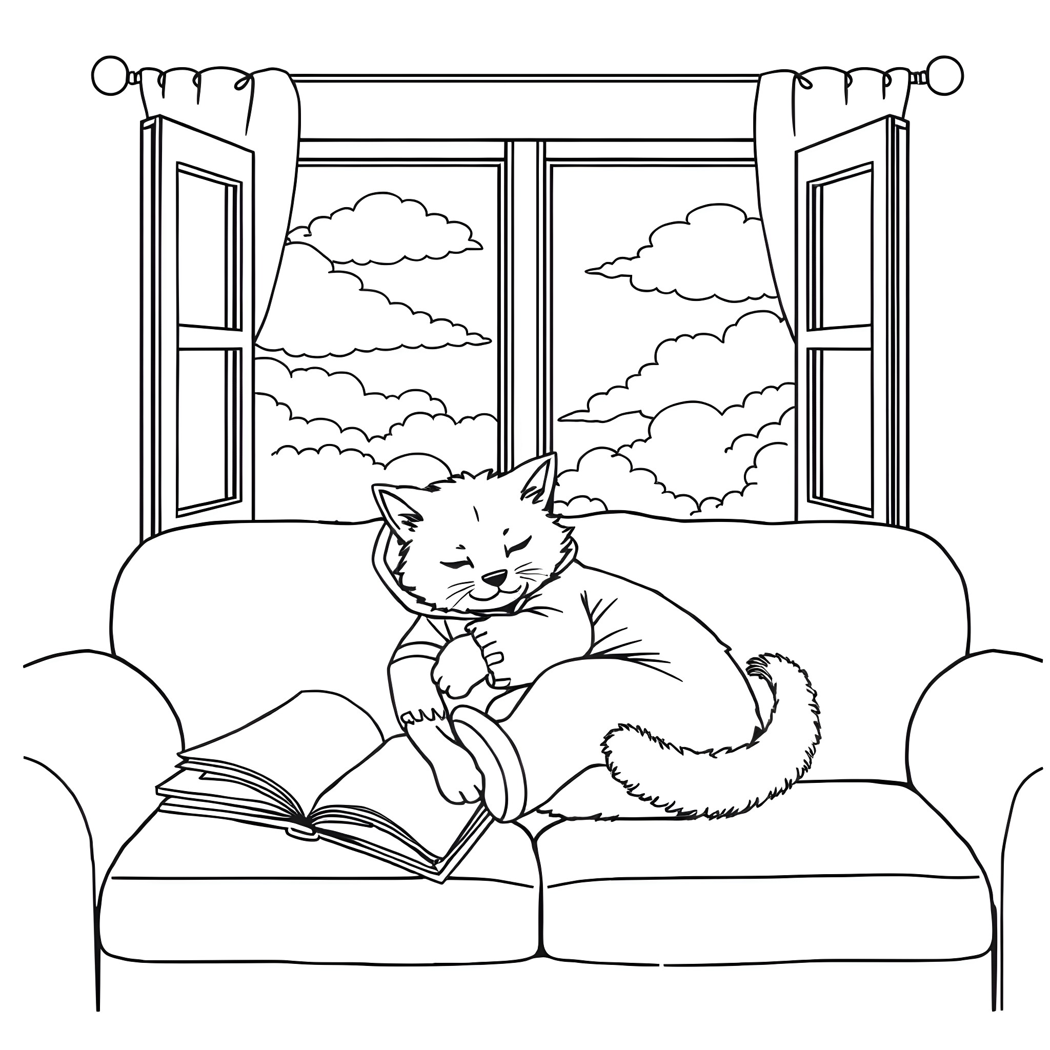 Cat relaxing and reading on a couch Coloring Page (free black-and-white line drawing printable PDF for all, from beginners to advanced learners, including children, teens, adults, and seniors)