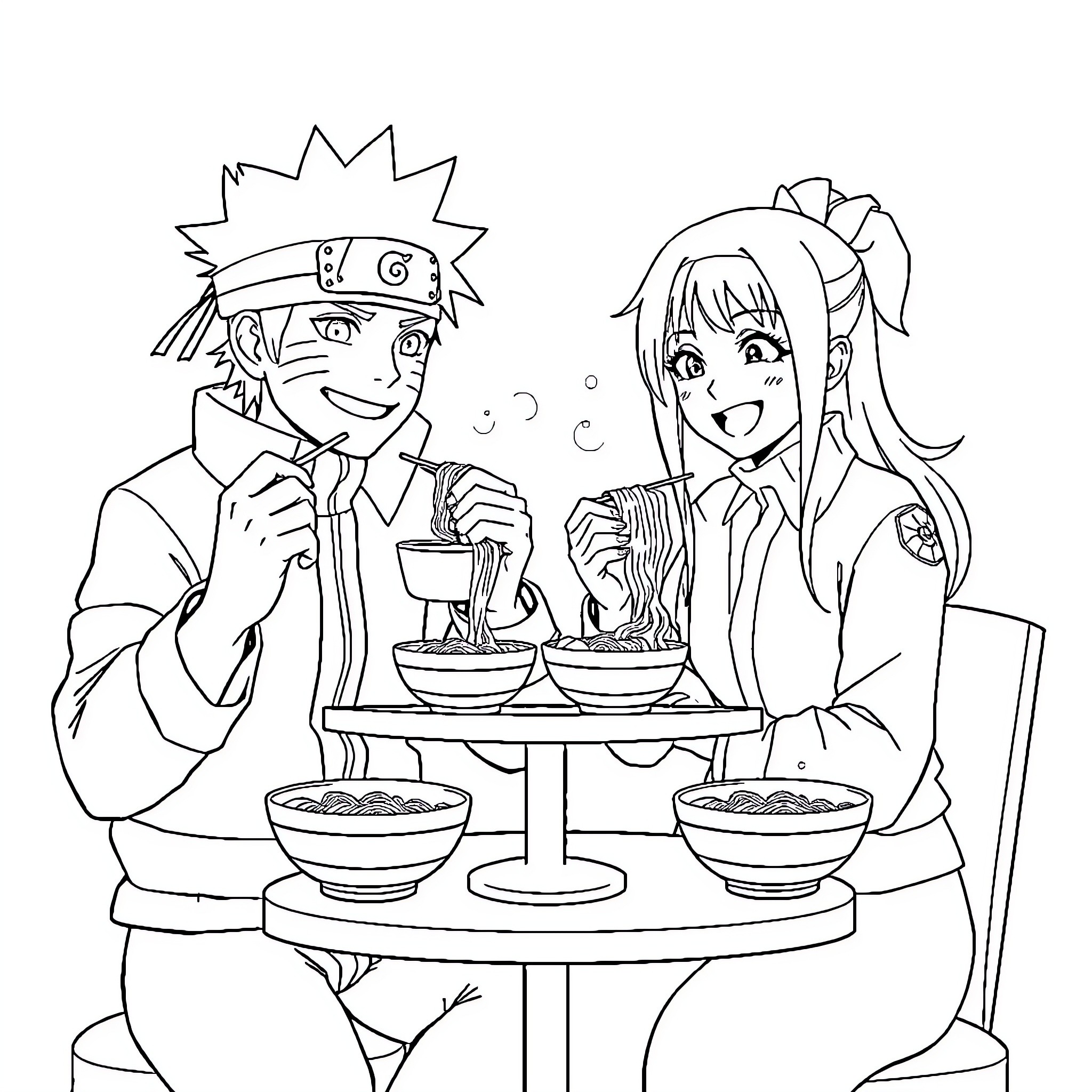 Naruto and Friend Sharing a Meal Together Coloring Page (free black-and-white line drawing printable PDF for all, from beginners to advanced learners, including children, teens, adults, and seniors)