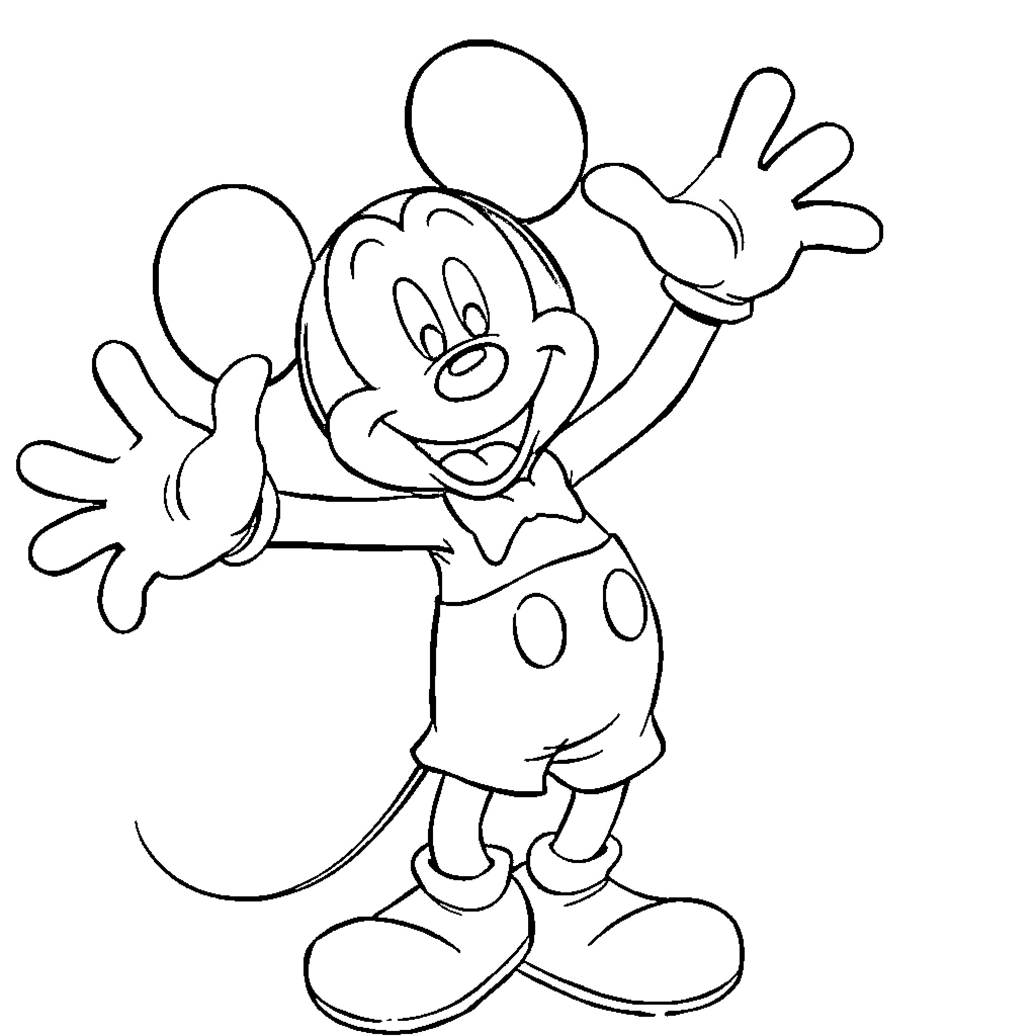 Mickey Mouse Joyfully Waving and Greeting Coloring Page (free black-and-white line drawing printable PDF for all, from beginners to advanced learners, including children, teens, adults, and seniors)