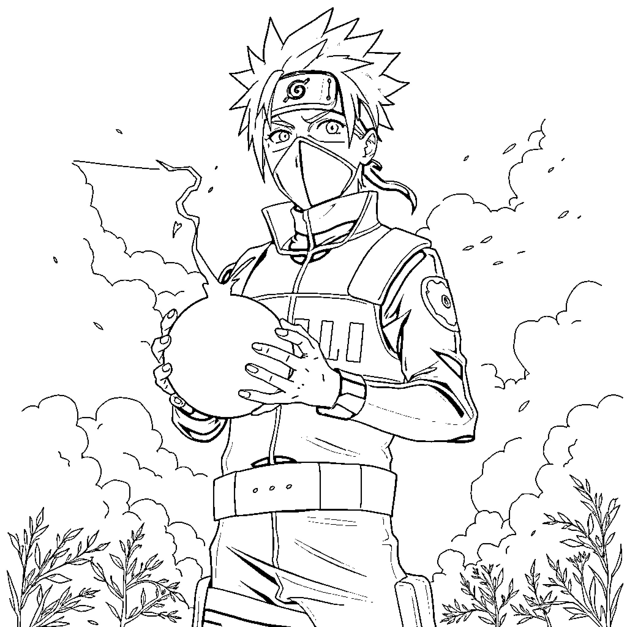 Kakashi's Ninja Prowess and Determination Coloring Page (free black-and-white line drawing printable PDF for all, from beginners to advanced learners, including children, teens, adults, and seniors)