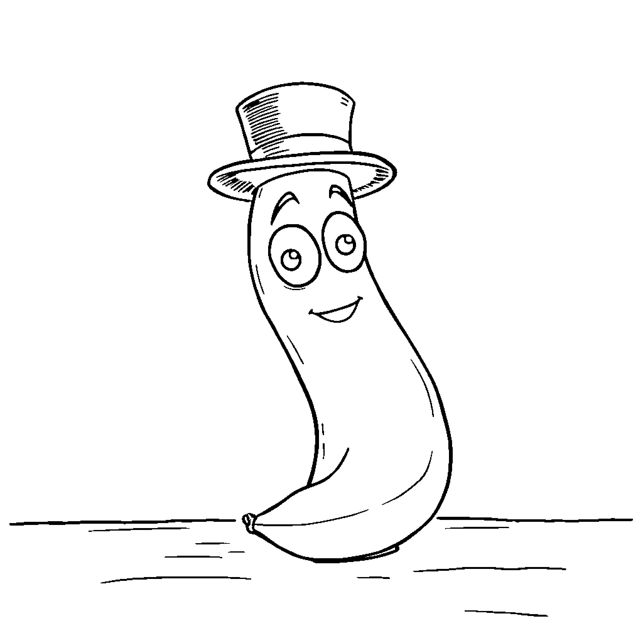 Banana character wearing a top hat Coloring Page (free black-and-white line drawing printable PDF for all, from beginners to advanced learners, including children, teens, adults, and seniors)