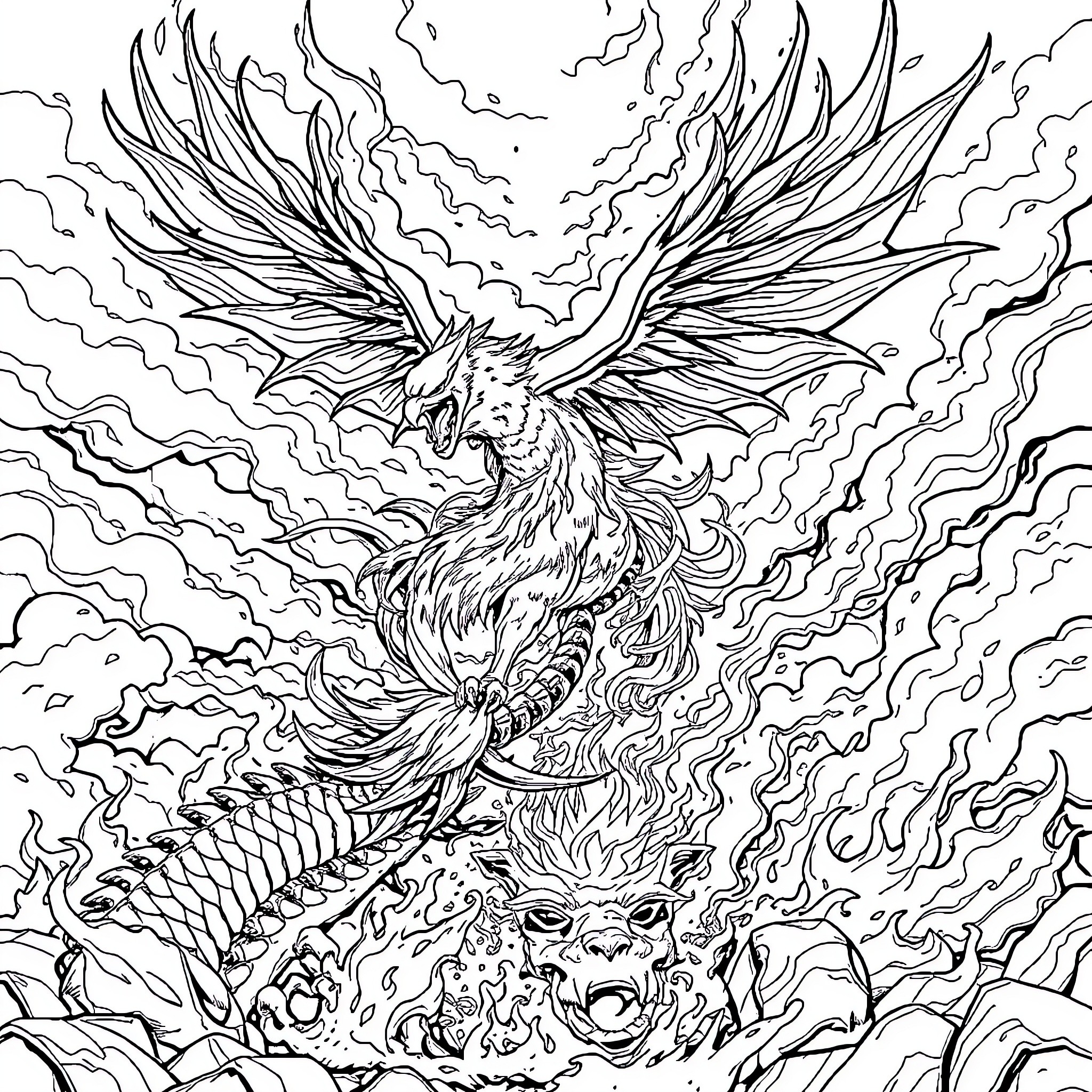 Phoenix rising from the flames in a dramatic display Coloring Page (free black-and-white line drawing printable PDF for all, from beginners to advanced learners, including children, teens, adults, and seniors)