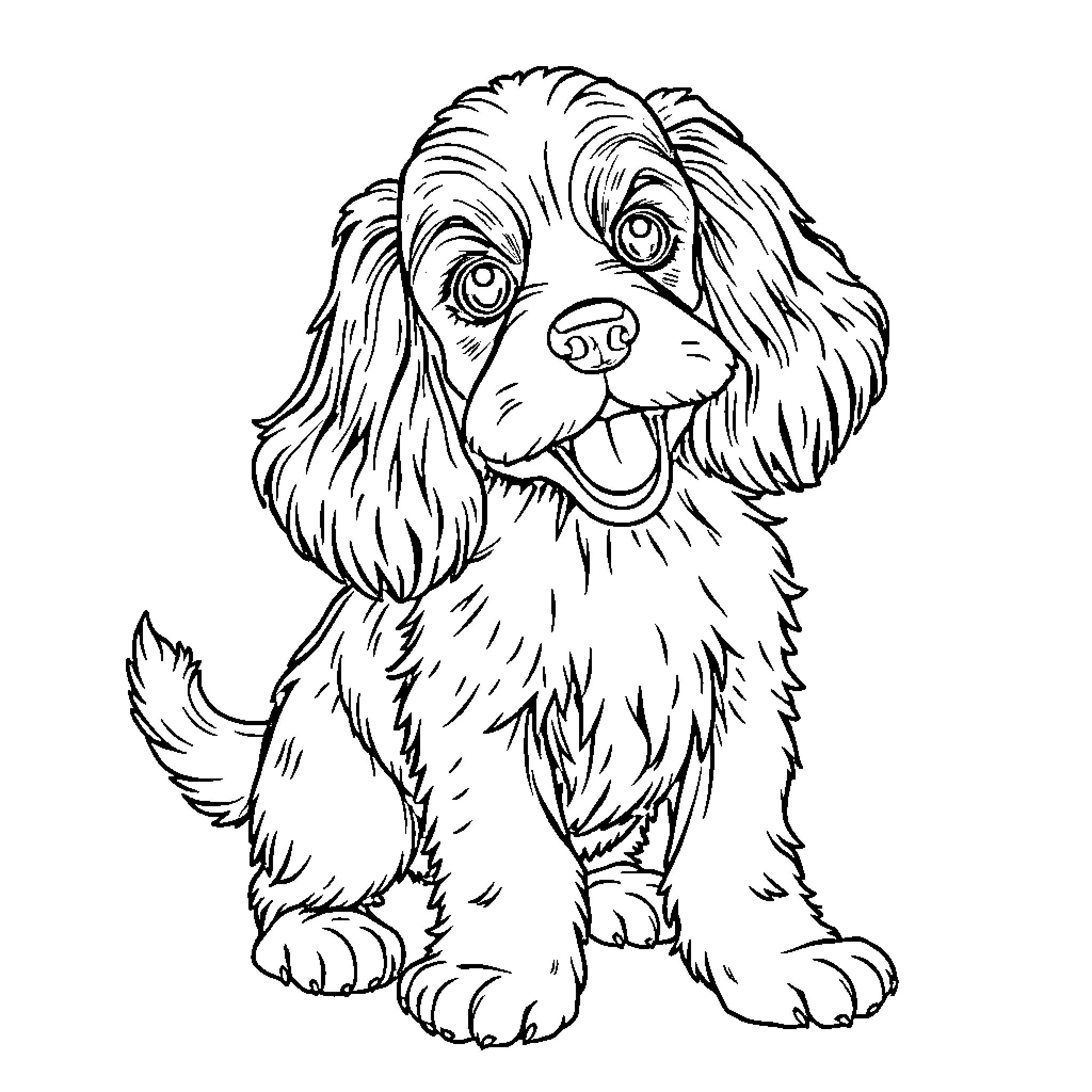 Cocker Spaniel puppy in happy expression Coloring Page (free black-and-white line drawing printable PDF for all, from beginners to advanced learners, including children, teens, adults, and seniors)