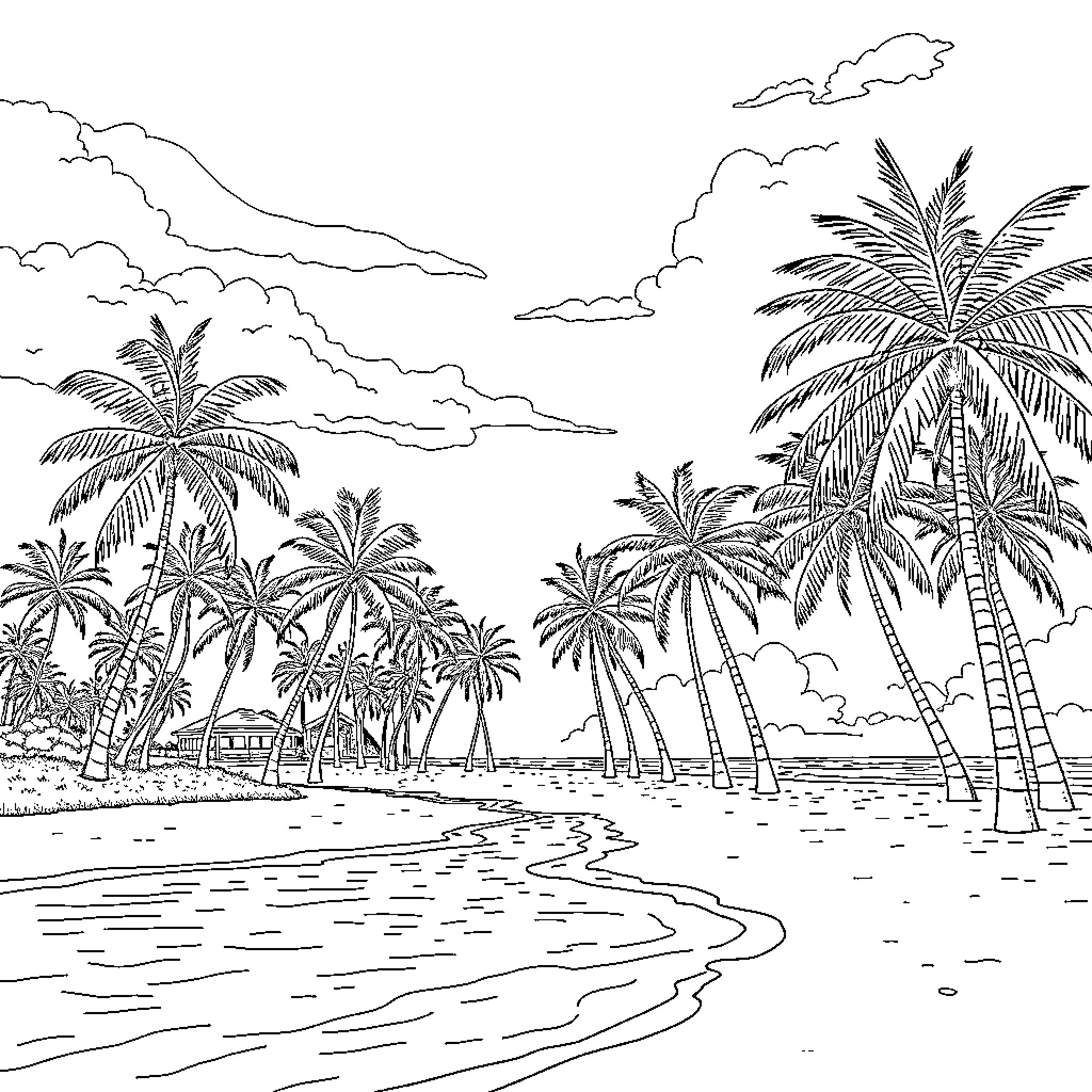 Palm Tree Beach Vacation Scene Coloring Page (free black-and-white line drawing printable PDF for all, from beginners to advanced learners, including children, teens, adults, and seniors)