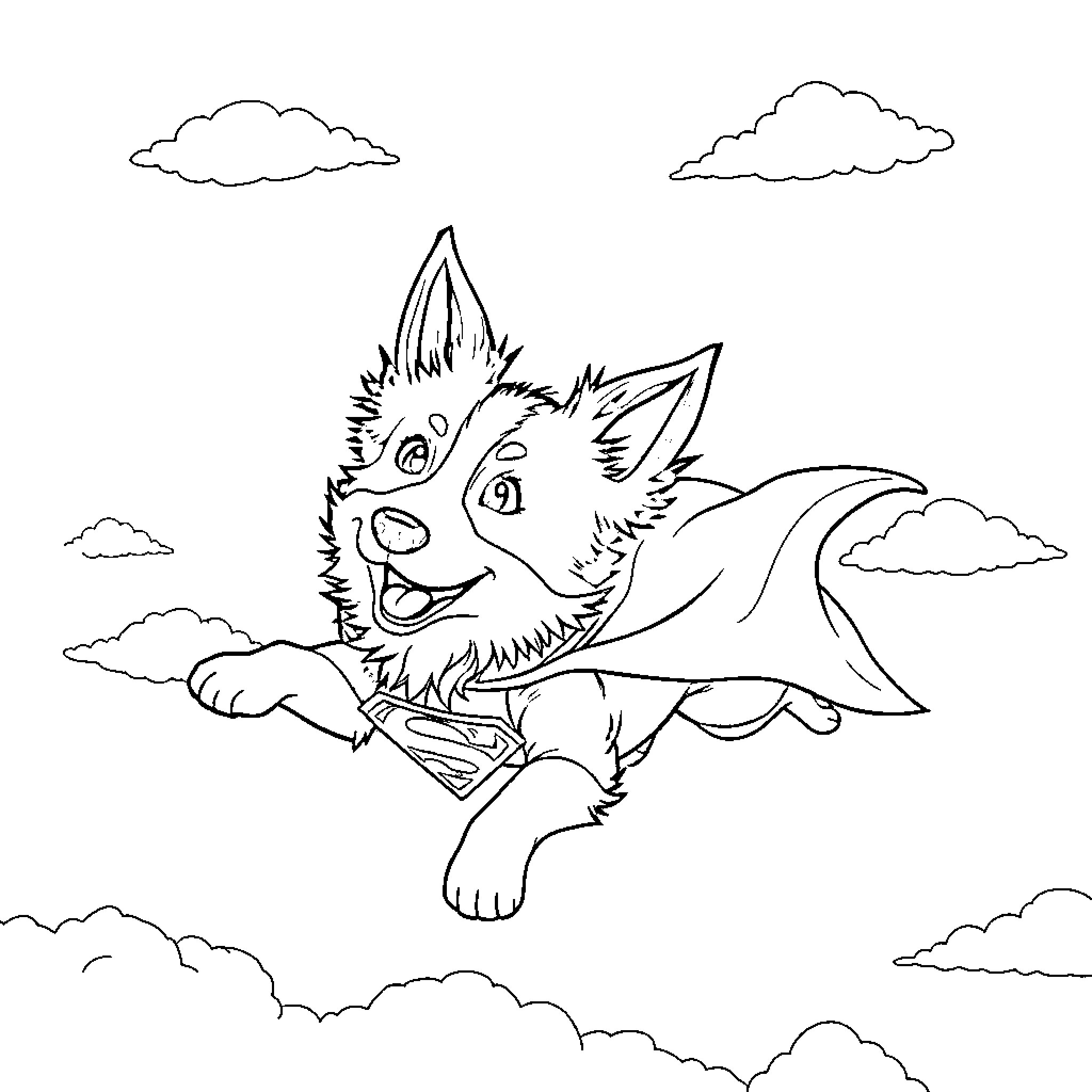 Border Collie leaping playfully through clouds Coloring Page (free black-and-white line drawing printable PDF for all, from beginners to advanced learners, including children, teens, adults, and seniors)
