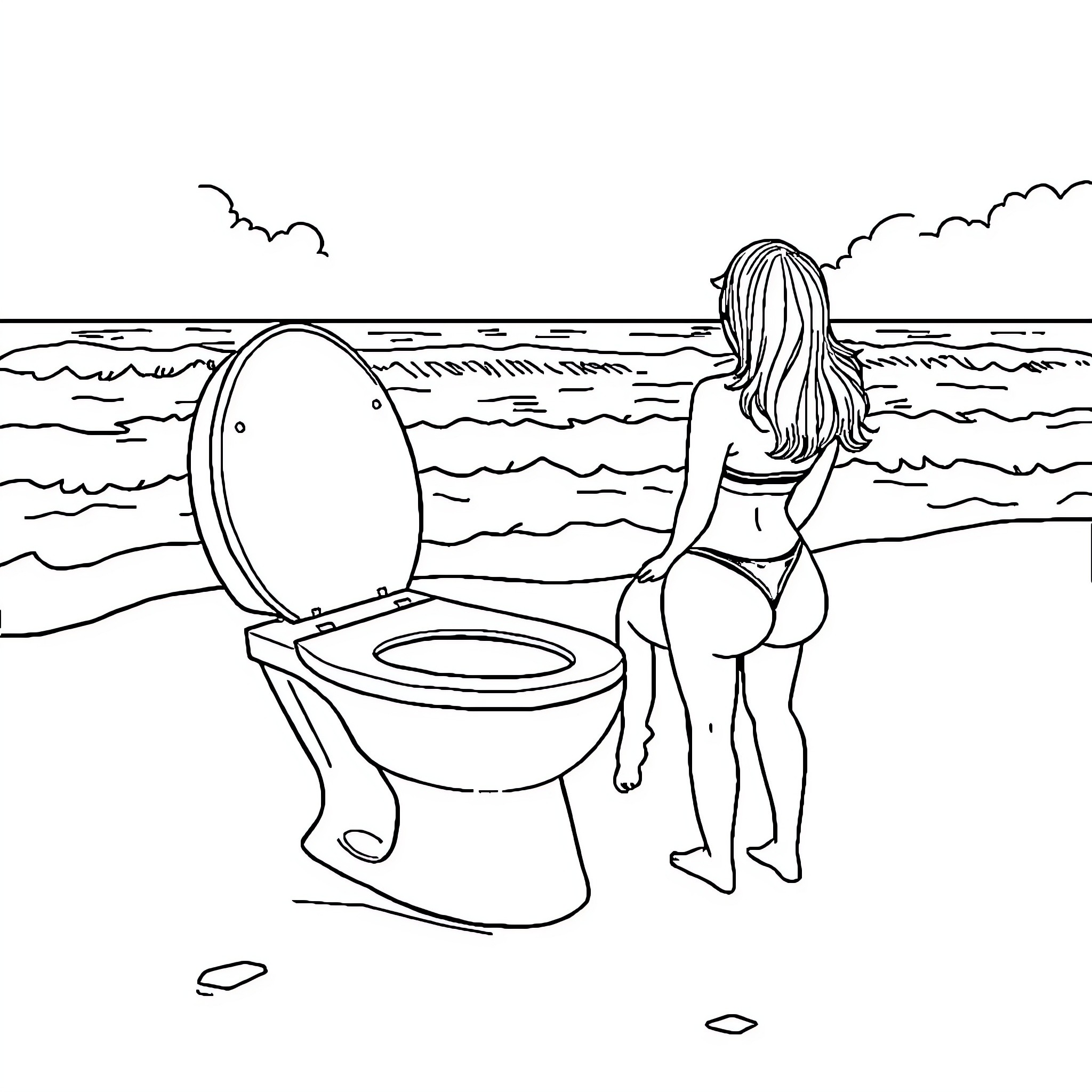 Skibidi Toilet Shenanigans on the Beach Coloring Page (free black-and-white line drawing printable PDF for all, from beginners to advanced learners, including children, teens, adults, and seniors)