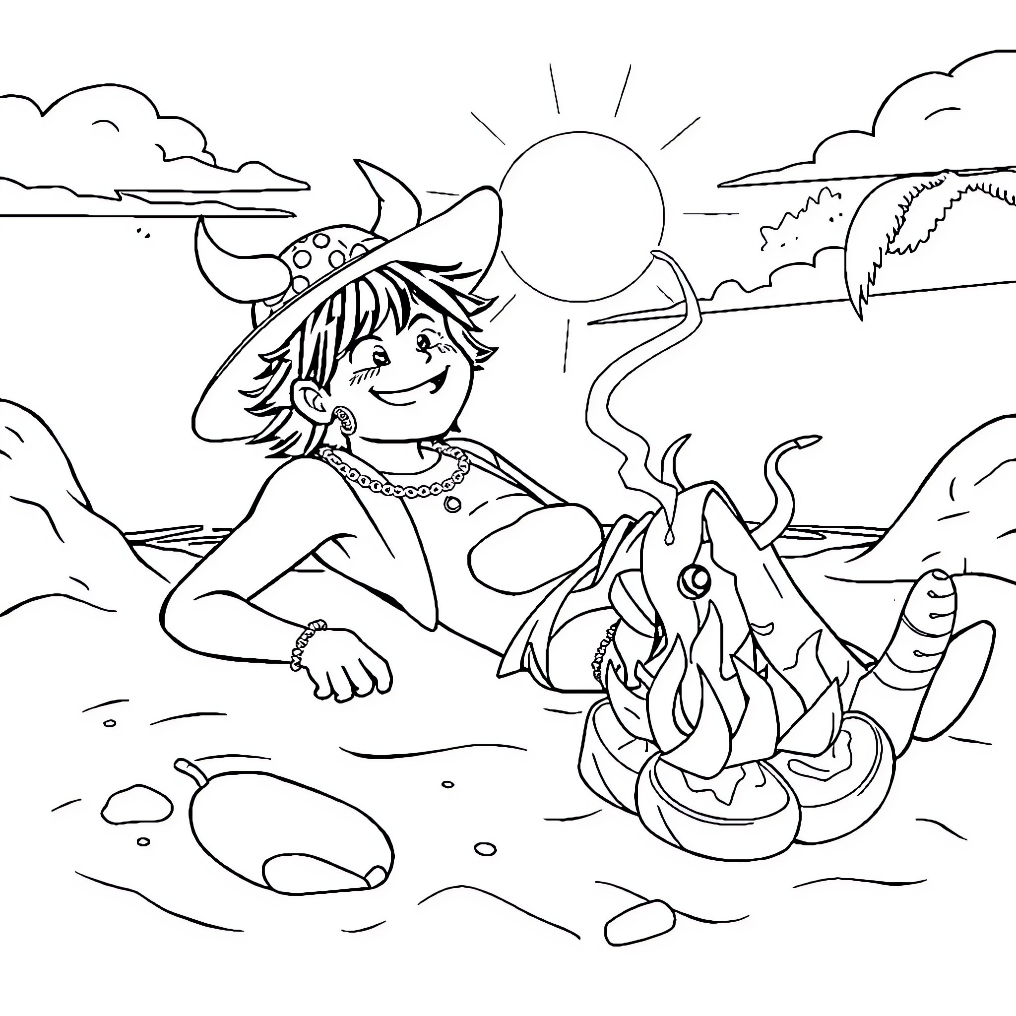 Portgas D Ace enjoying a sunny day by the campfire Coloring Page (free black-and-white line drawing printable PDF for all, from beginners to advanced learners, including children, teens, adults, and seniors)