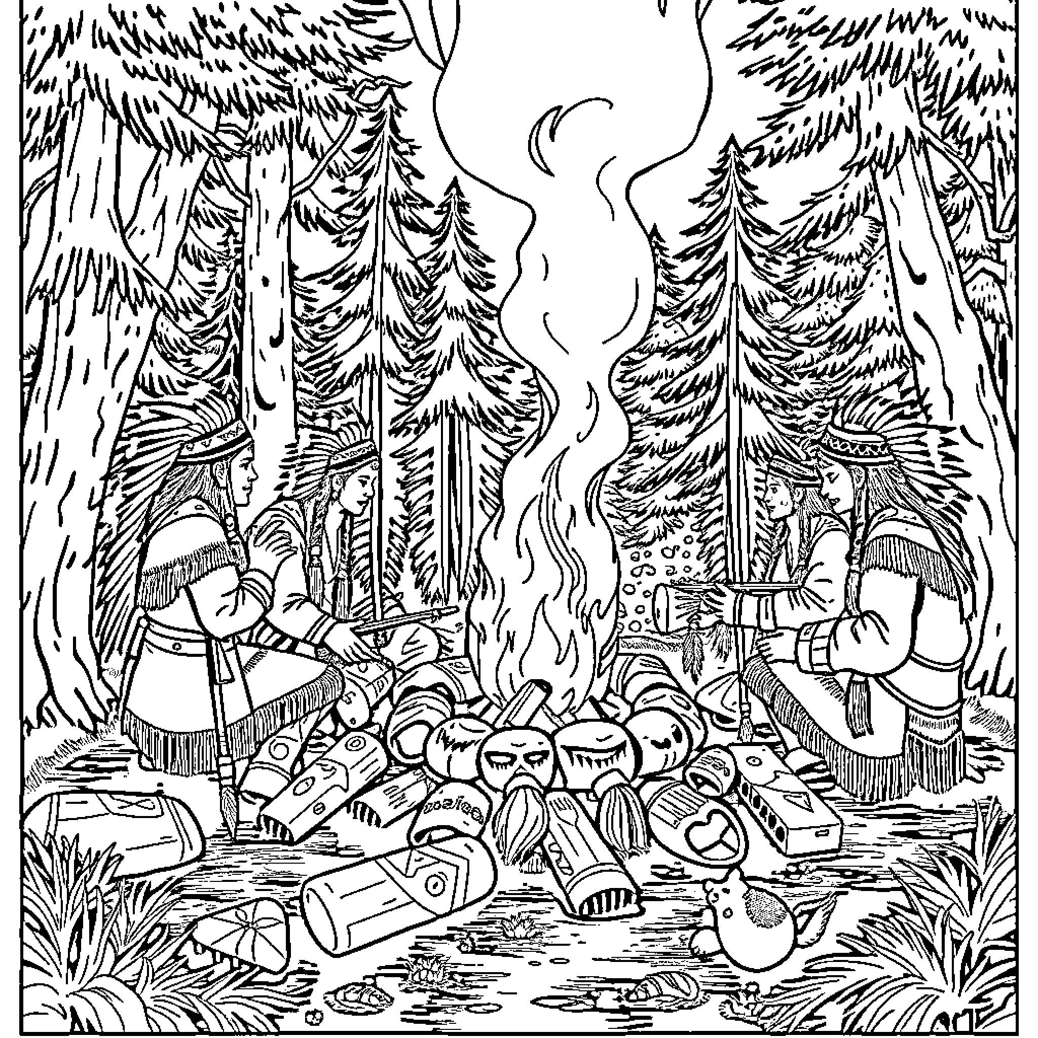 Native American Campfire Gathering in the Forest Coloring Page (free black-and-white line drawing printable PDF for all, from beginners to advanced learners, including children, teens, adults, and seniors)