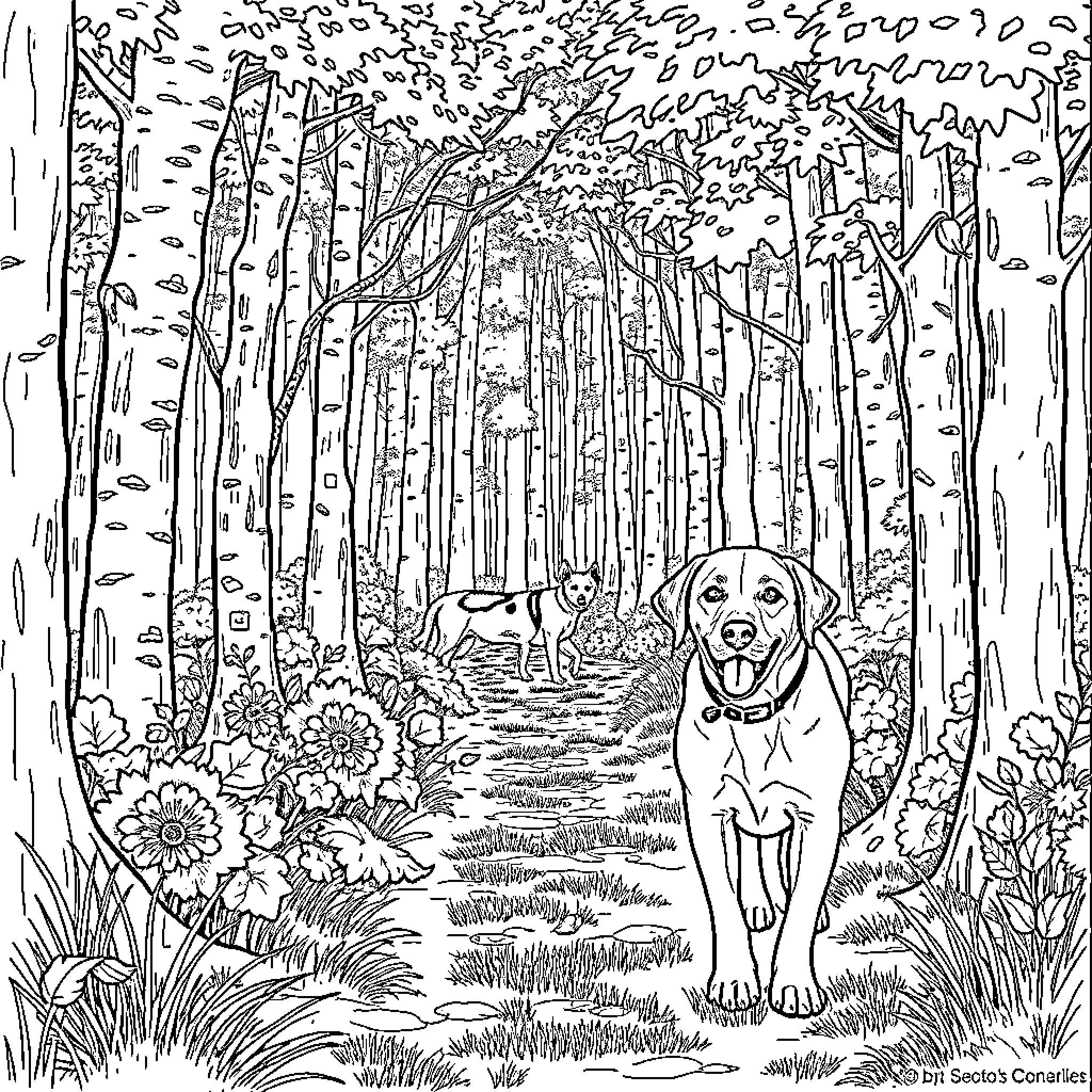 Labrador exploring the enchanting forest path Coloring Page (free black-and-white line drawing printable PDF for all, from beginners to advanced learners, including children, teens, adults, and seniors)