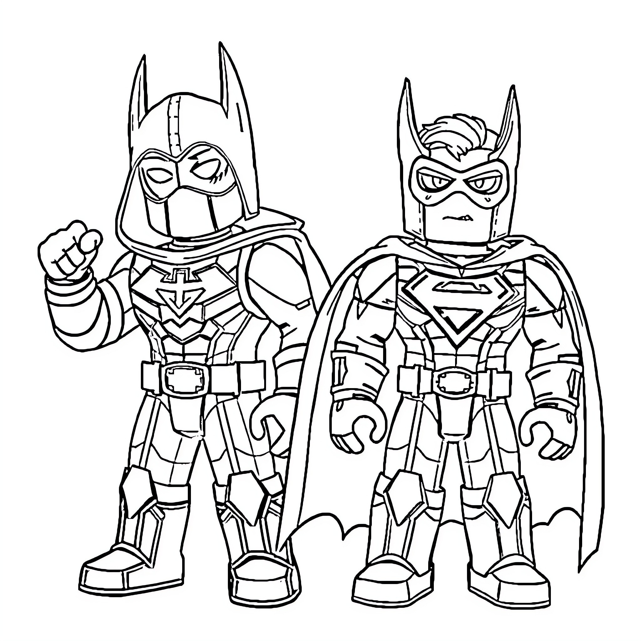 Roblox Characters Posing in Superhero Costumes Coloring Page (free black-and-white line drawing printable PDF for all, from beginners to advanced learners, including children, teens, adults, and seniors)