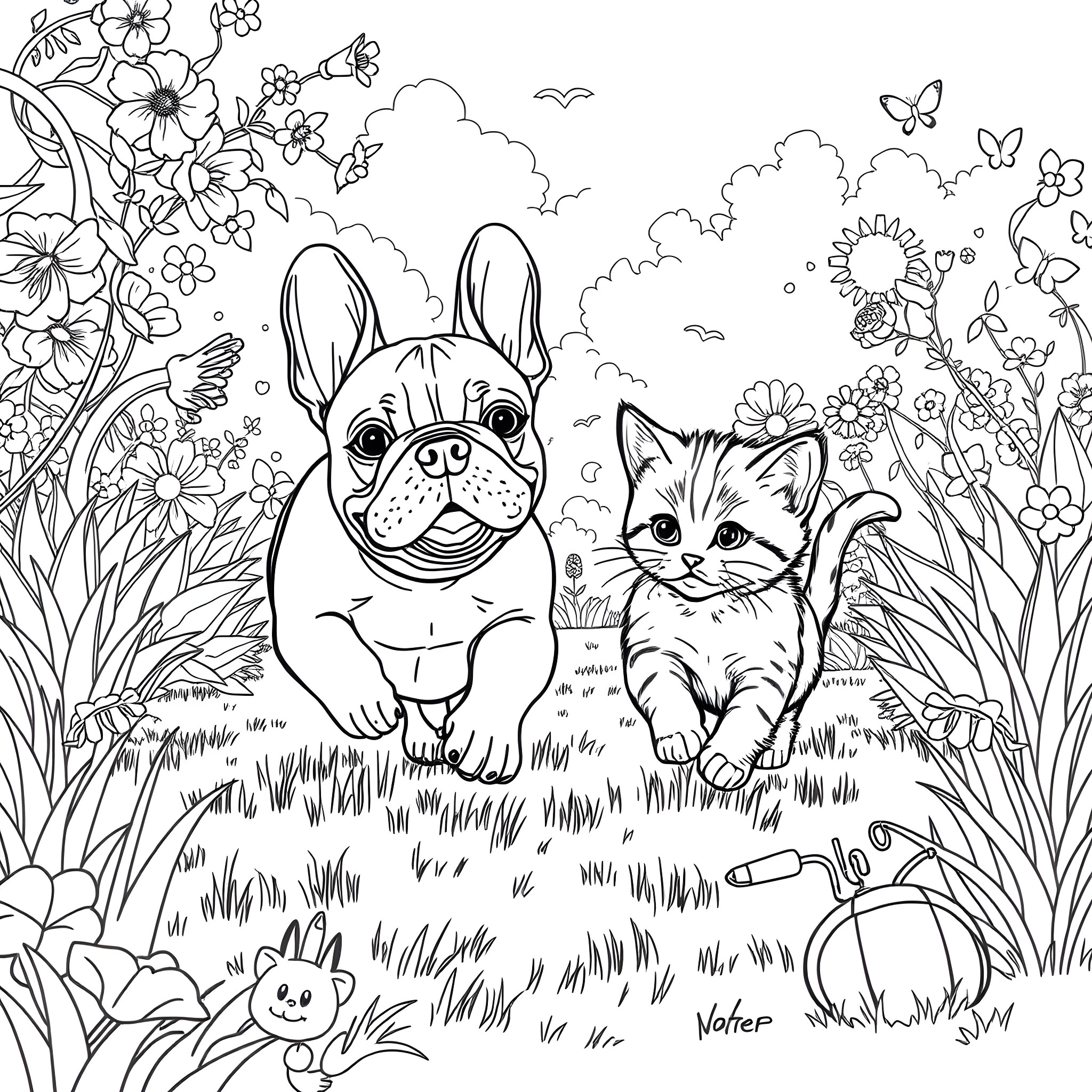 French Bulldog and Kitten Playing in a Floral Garden Coloring Page (free black-and-white line drawing printable PDF for all, from beginners to advanced learners, including children, teens, adults, and seniors)