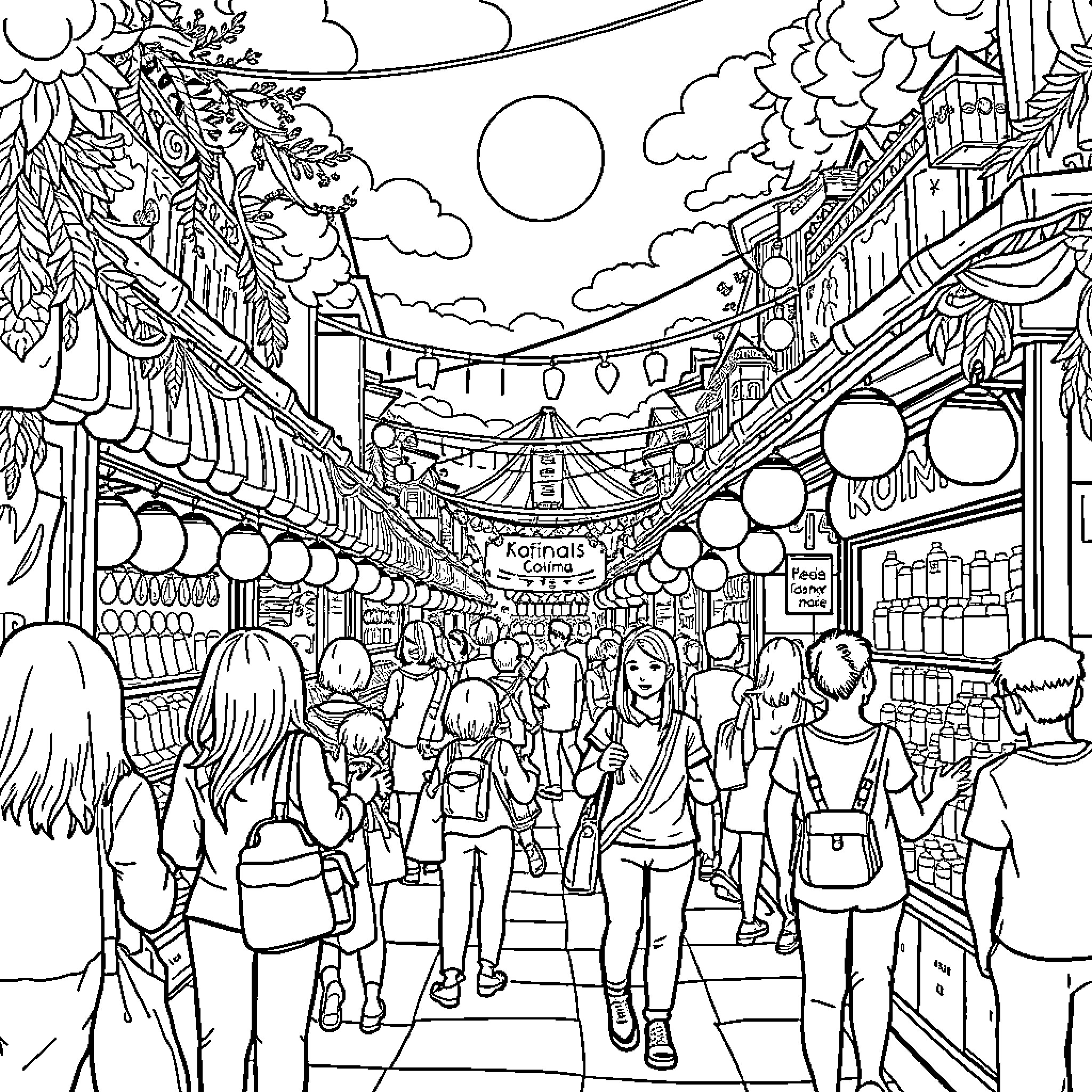 Kouima's Bustling Festival in the City Coloring Page (free black-and-white line drawing printable PDF for all, from beginners to advanced learners, including children, teens, adults, and seniors)