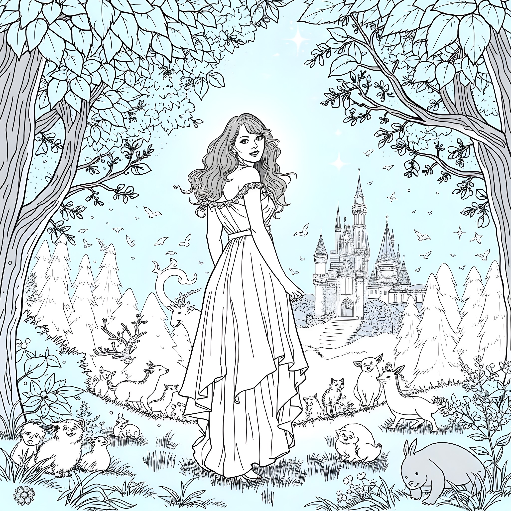 Taylor Swift in a fairytale forest scene Coloring Page (free black-and-white line drawing printable PDF for all, from beginners to advanced learners, including children, teens, adults, and seniors)