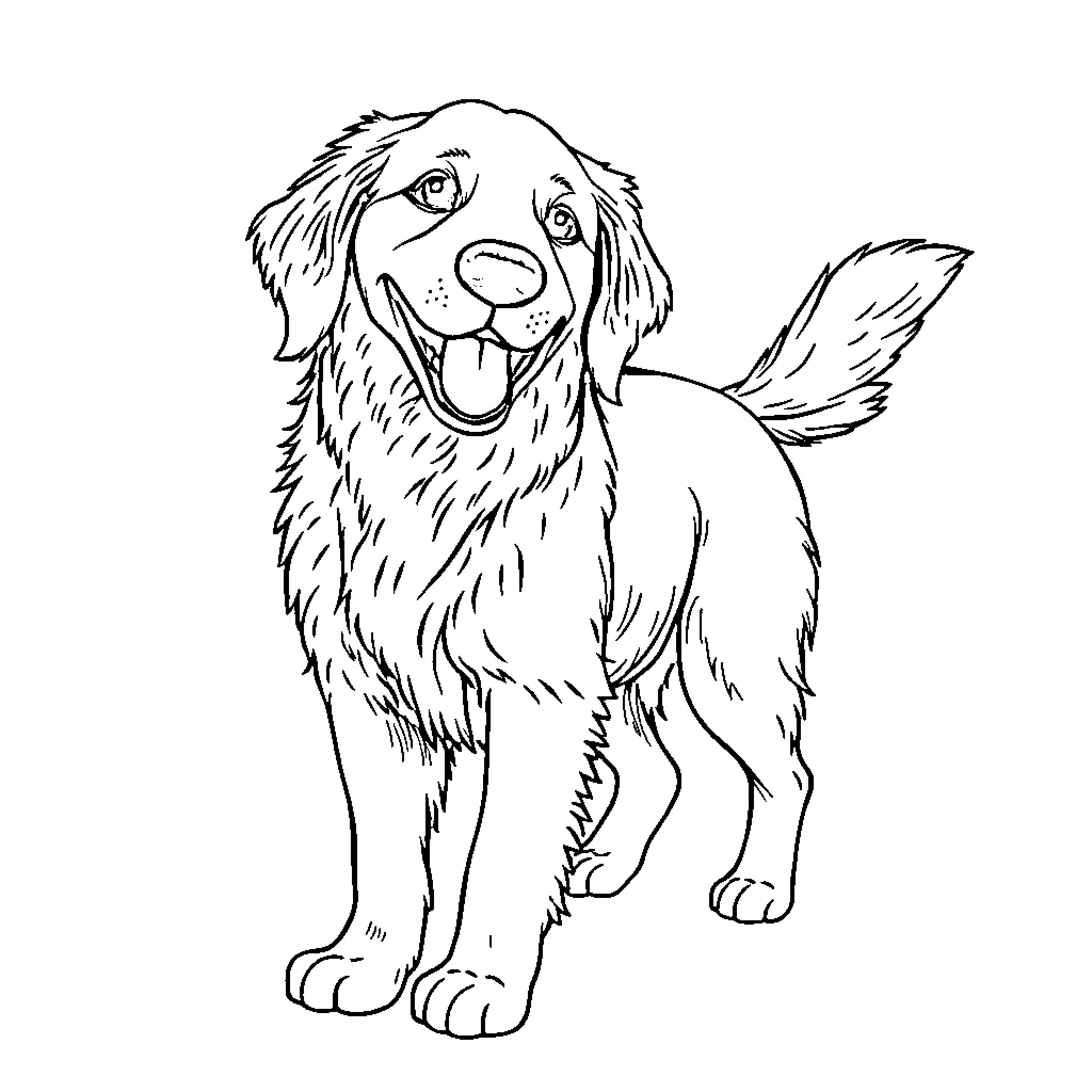 Golden Retriever in Energetic Pose Coloring Page (free black-and-white line drawing printable PDF for all, from beginners to advanced learners, including children, teens, adults, and seniors)