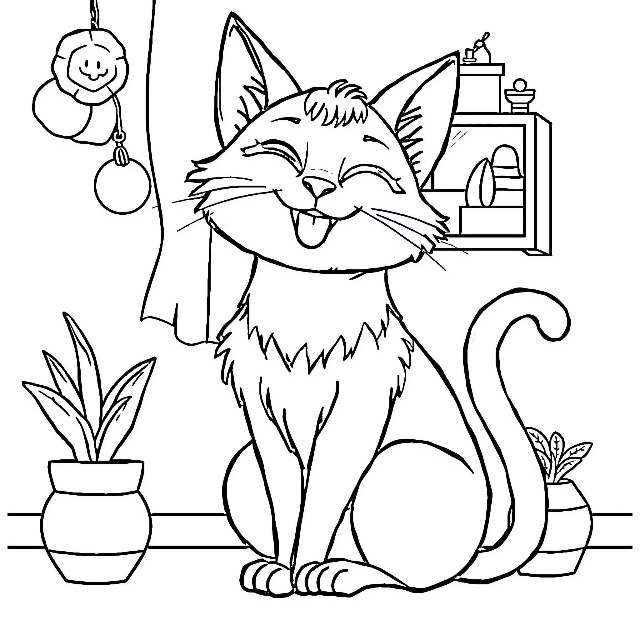 Cat playing with toys in cozy home setting Coloring Page (free black-and-white line drawing printable PDF for all, from beginners to advanced learners, including children, teens, adults, and seniors)