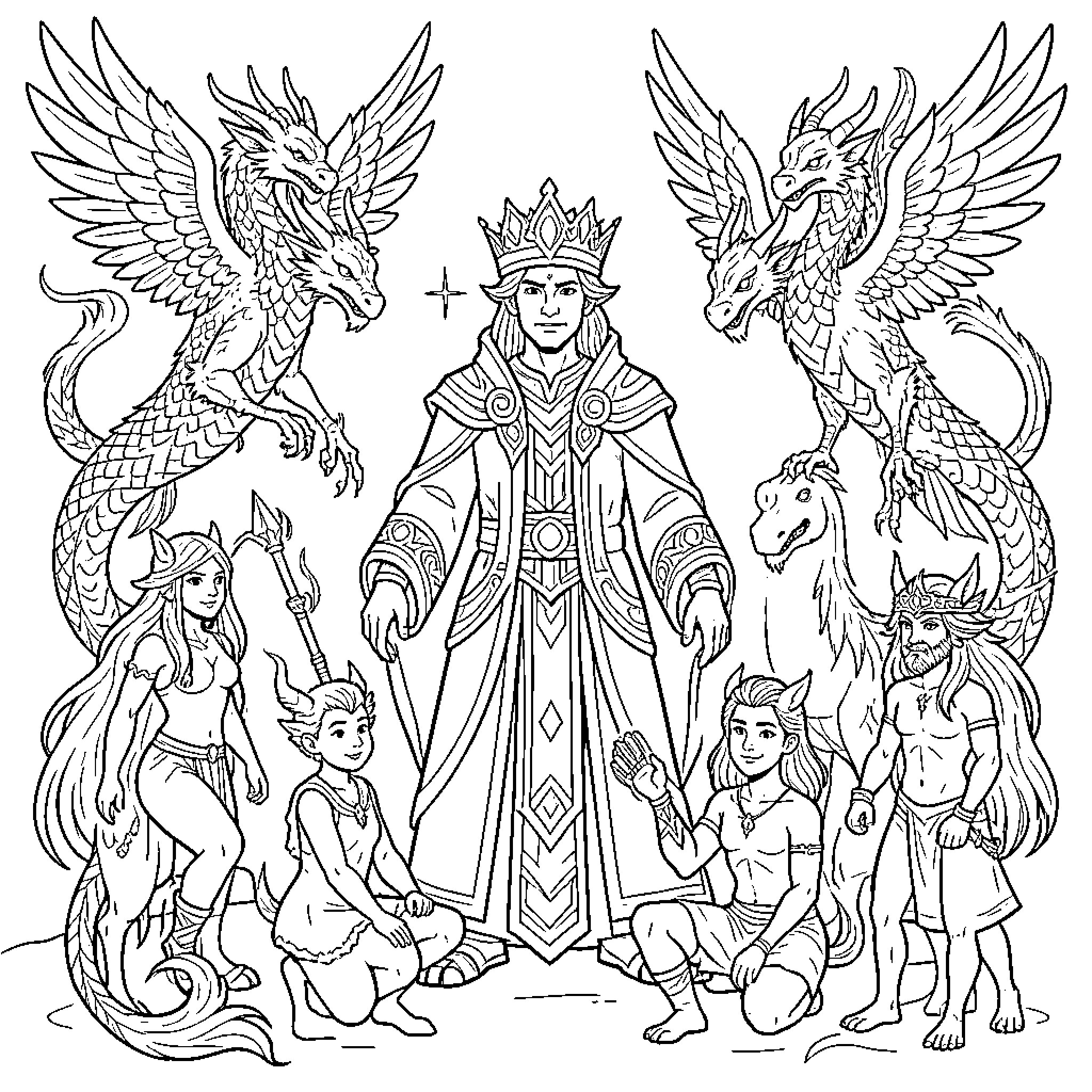 Dragon and mythical creatures surrounding a majestic king Coloring Page (free black-and-white line drawing printable PDF for all, from beginners to advanced learners, including children, teens, adults, and seniors)