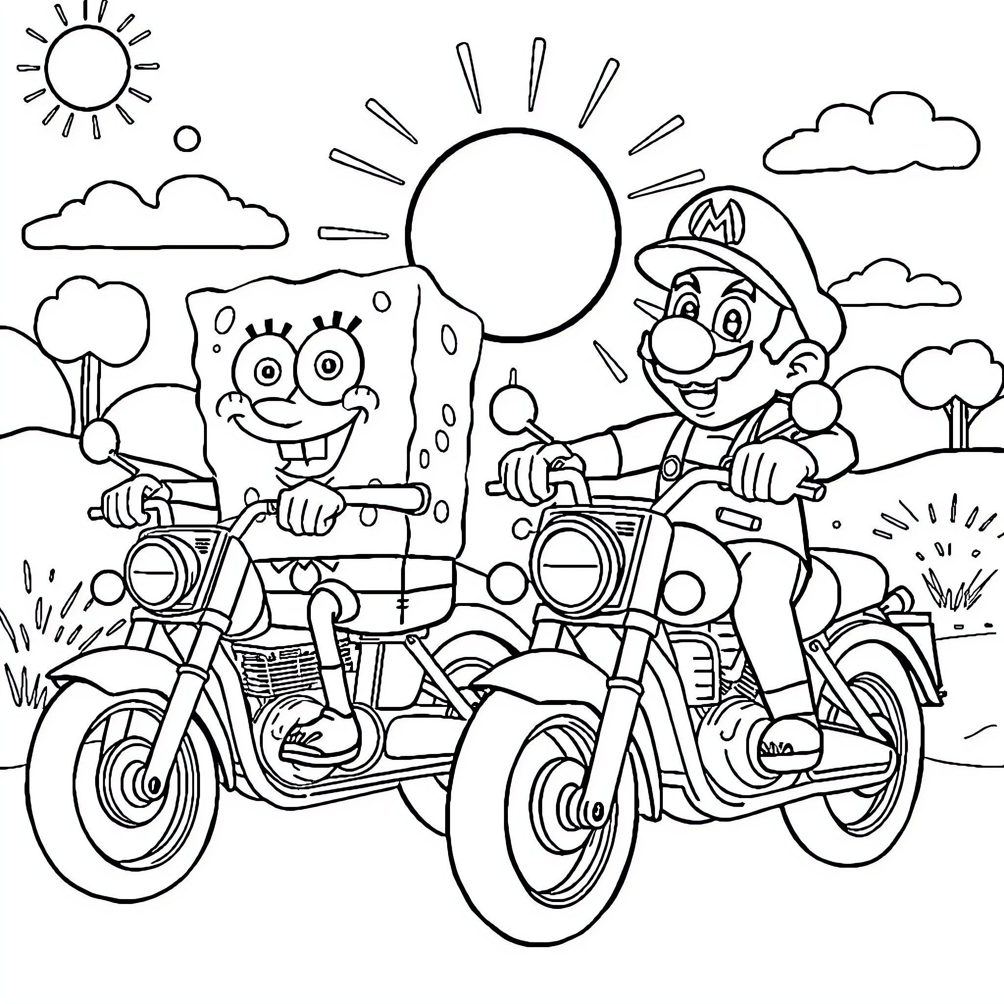 Spongebob and Mario ride motorcycles in the sunny outdoors Coloring Page (free black-and-white line drawing printable PDF for all, from beginners to advanced learners, including children, teens, adults, and seniors)