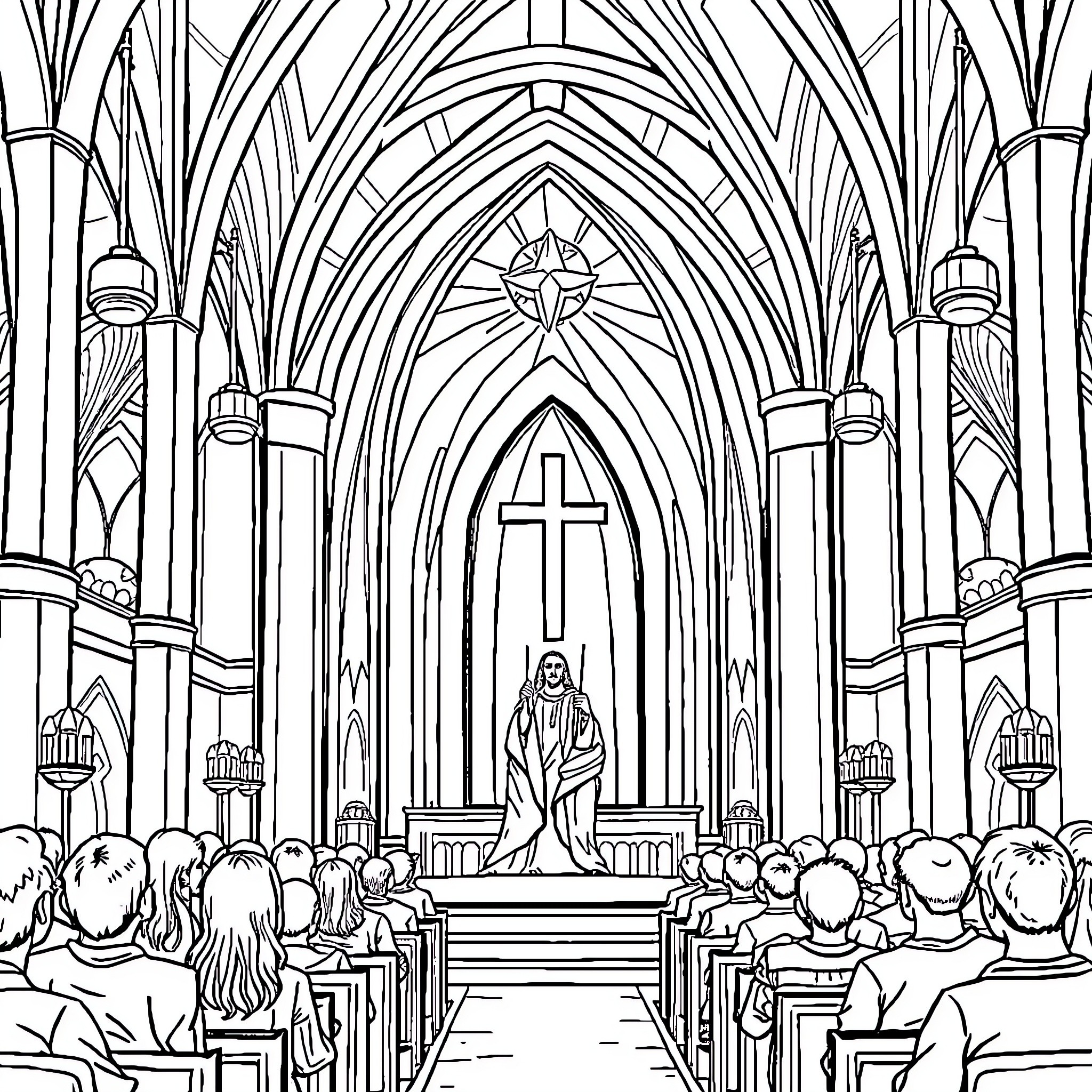 Iglesia: Worshippers Gathering in Grand Cathedral Coloring Page (free black-and-white line drawing printable PDF for all, from beginners to advanced learners, including children, teens, adults, and seniors)
