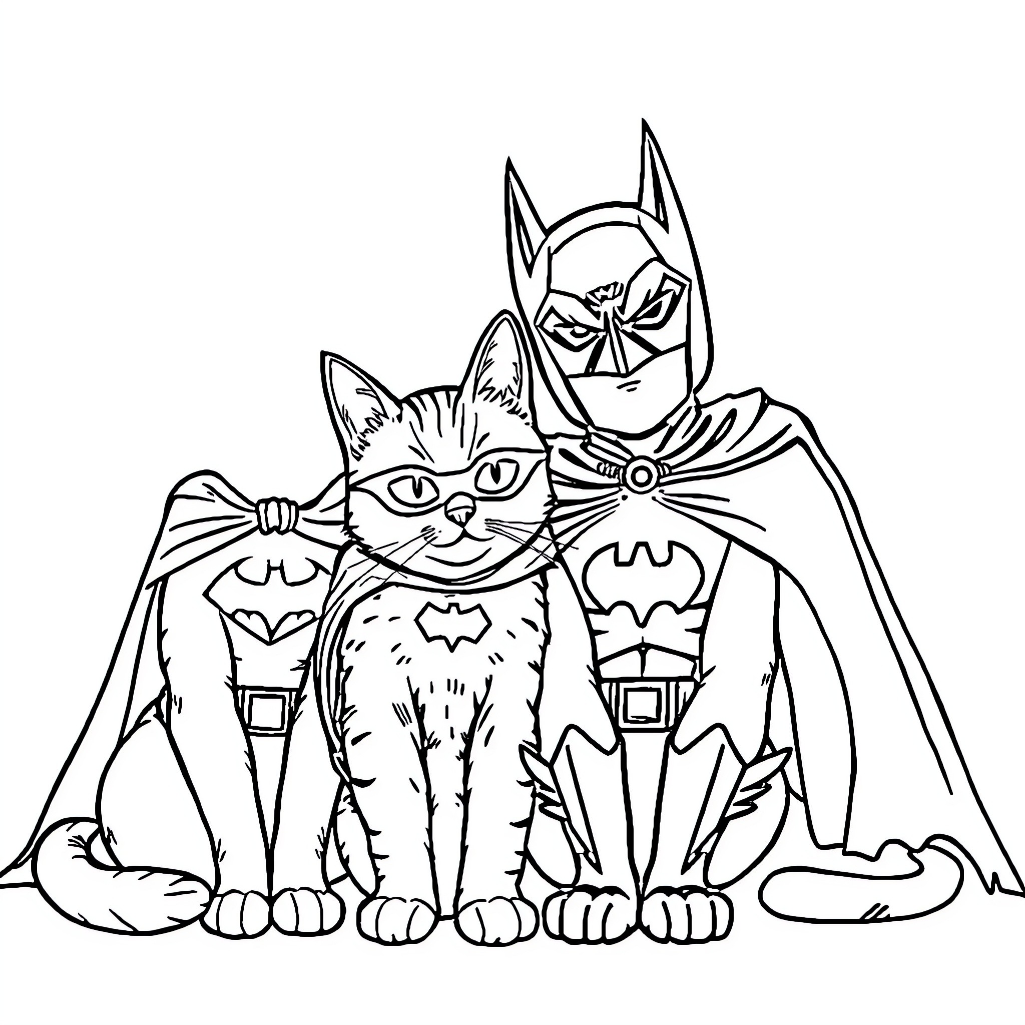 Cat superhero with bat-themed costume Coloring Page (free black-and-white line drawing printable PDF for all, from beginners to advanced learners, including children, teens, adults, and seniors)