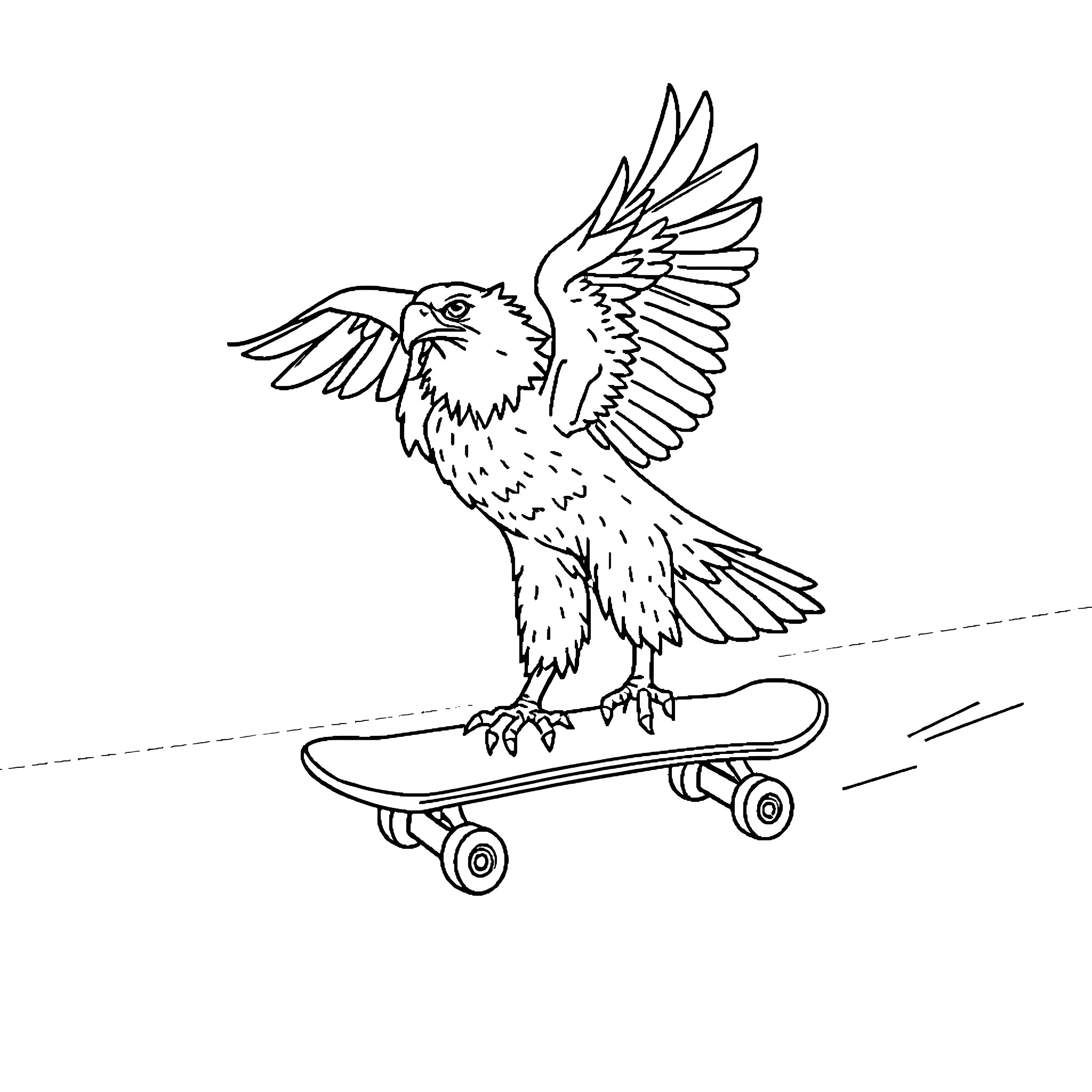 Eagle riding a skateboard Coloring Page (free black-and-white line drawing printable PDF for all, from beginners to advanced learners, including children, teens, adults, and seniors)