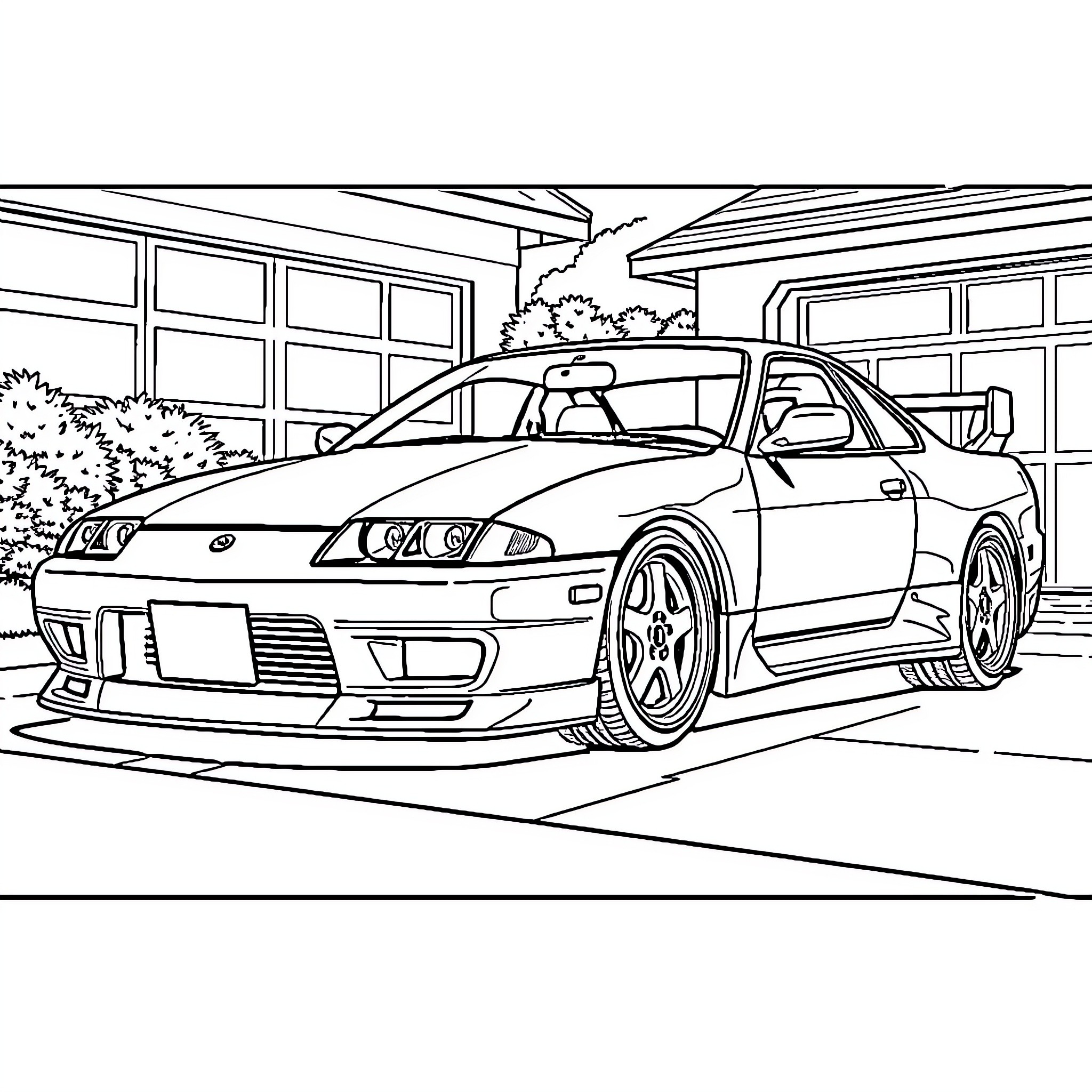 Car parked in garage with sports equipment Coloring Page (free black-and-white line drawing printable PDF for all, from beginners to advanced learners, including children, teens, adults, and seniors)