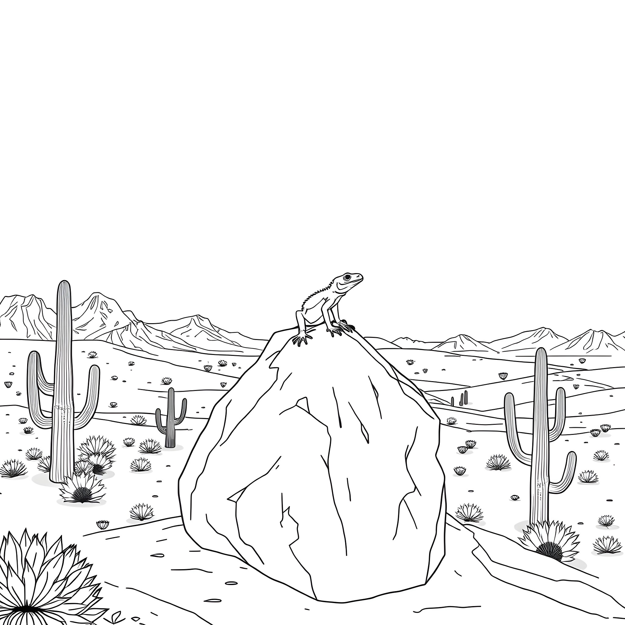 Lizard resting on a desert rock formation Coloring Page (free black-and-white line drawing printable PDF for all, from beginners to advanced learners, including children, teens, adults, and seniors)