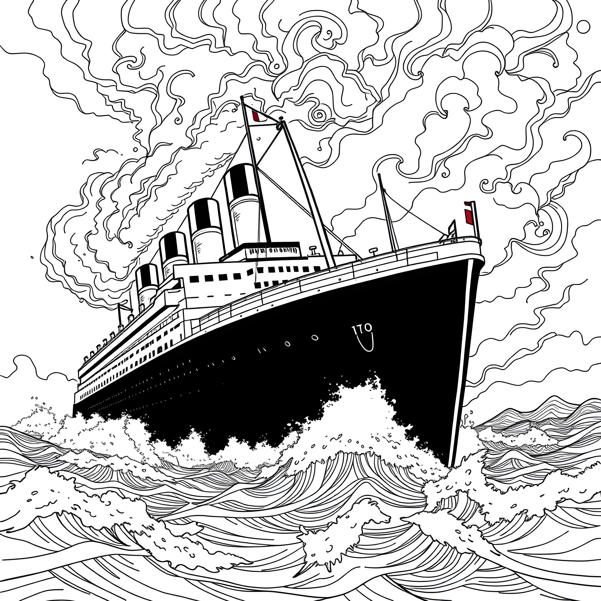 Titanic Sailing Through Stormy Seas Coloring Page (free black-and-white line drawing printable PDF for all, from beginners to advanced learners, including children, teens, adults, and seniors)