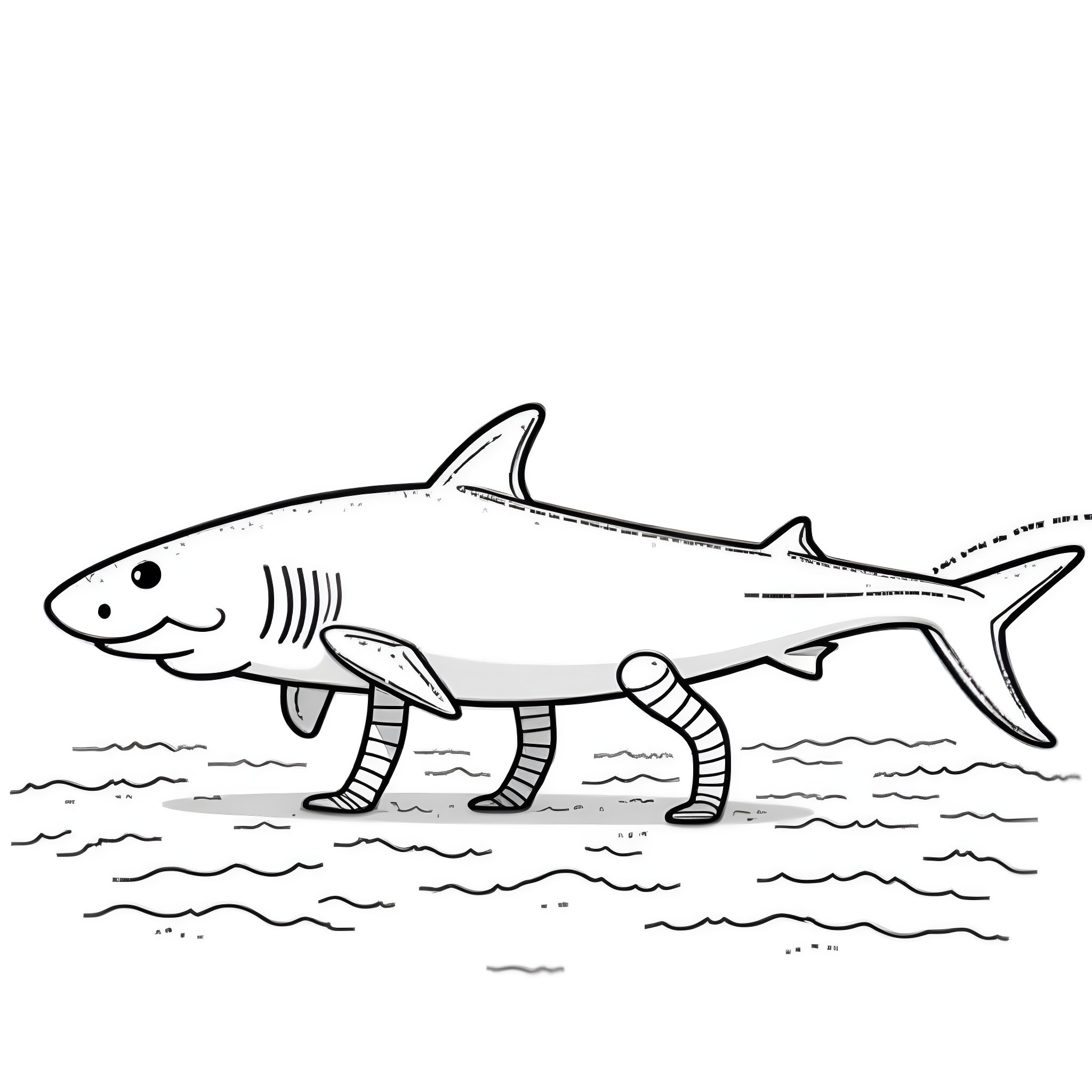Shark walking on water with funny legs Coloring Page (free black-and-white line drawing printable PDF for all, from beginners to advanced learners, including children, teens, adults, and seniors)