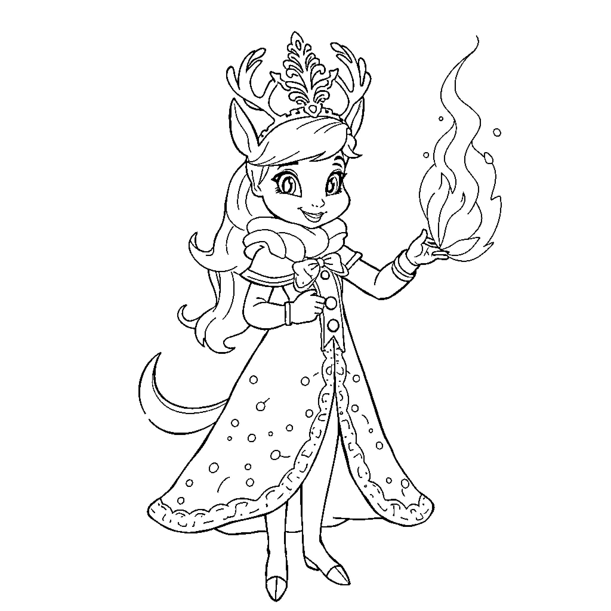 Queen Witch with Magical Wand Coloring Page (free black-and-white line drawing printable PDF for all, from beginners to advanced learners, including children, teens, adults, and seniors)